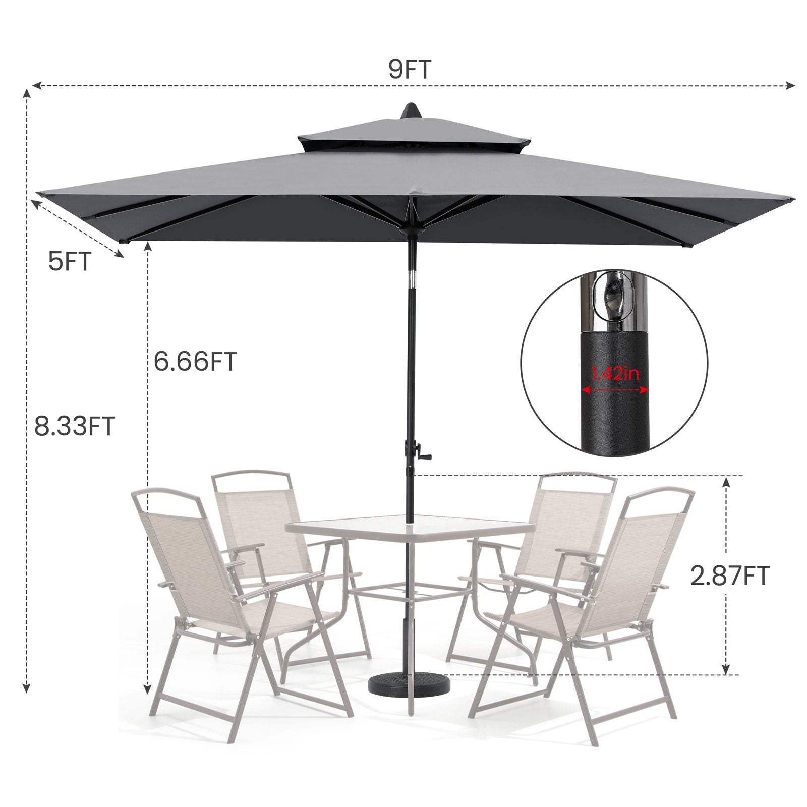 Size details of 9x5 ft grey aluminum market umbrella, 8.33ft high with double top for patio set with 1.42in pole.