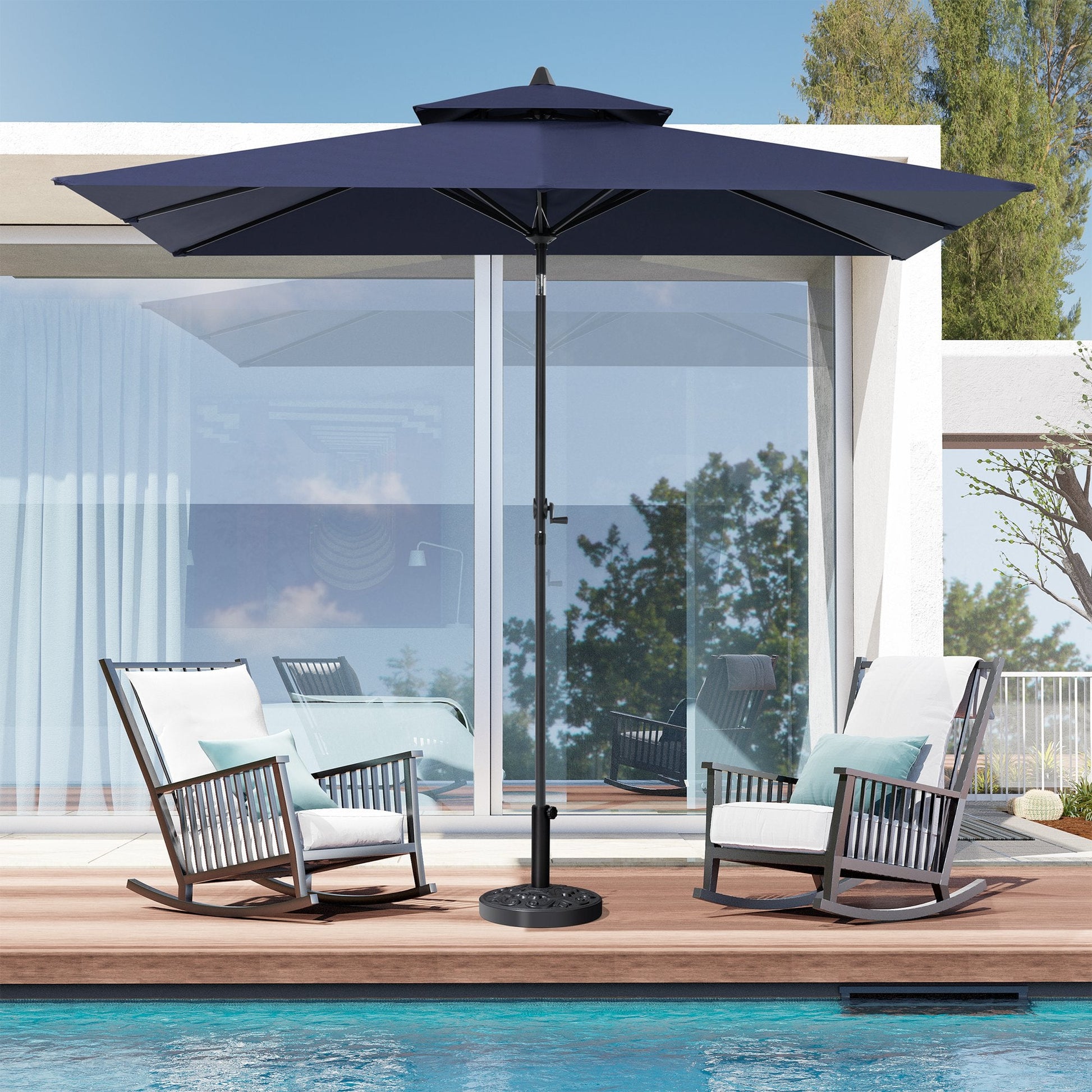 9x5 ft navy aluminum market umbrella with double top shading two patio rocking chairs by a poolside deck.
