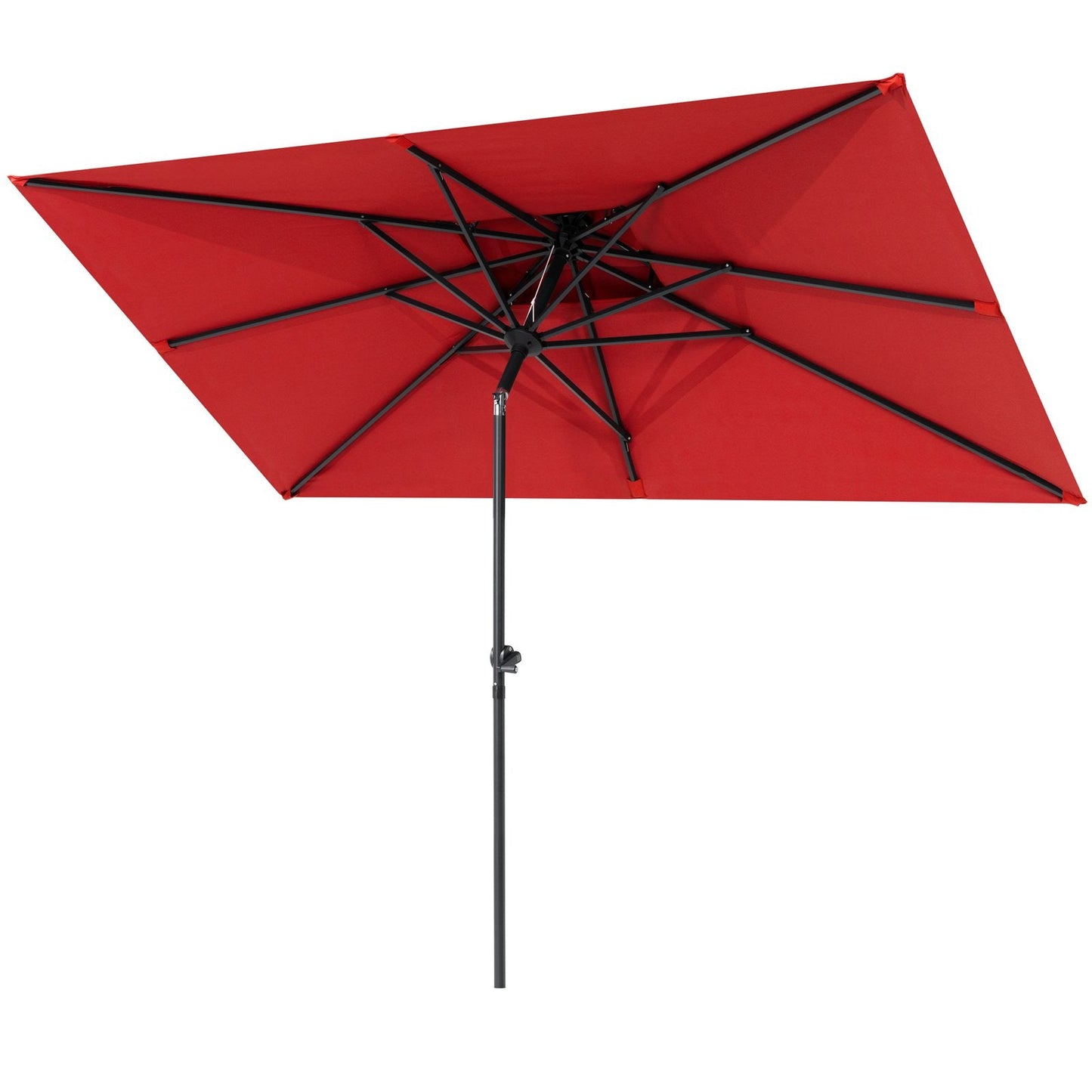 9x5 ft red aluminum market umbrella with double top, 8 sturdy ribs, frame details and under canopy view.