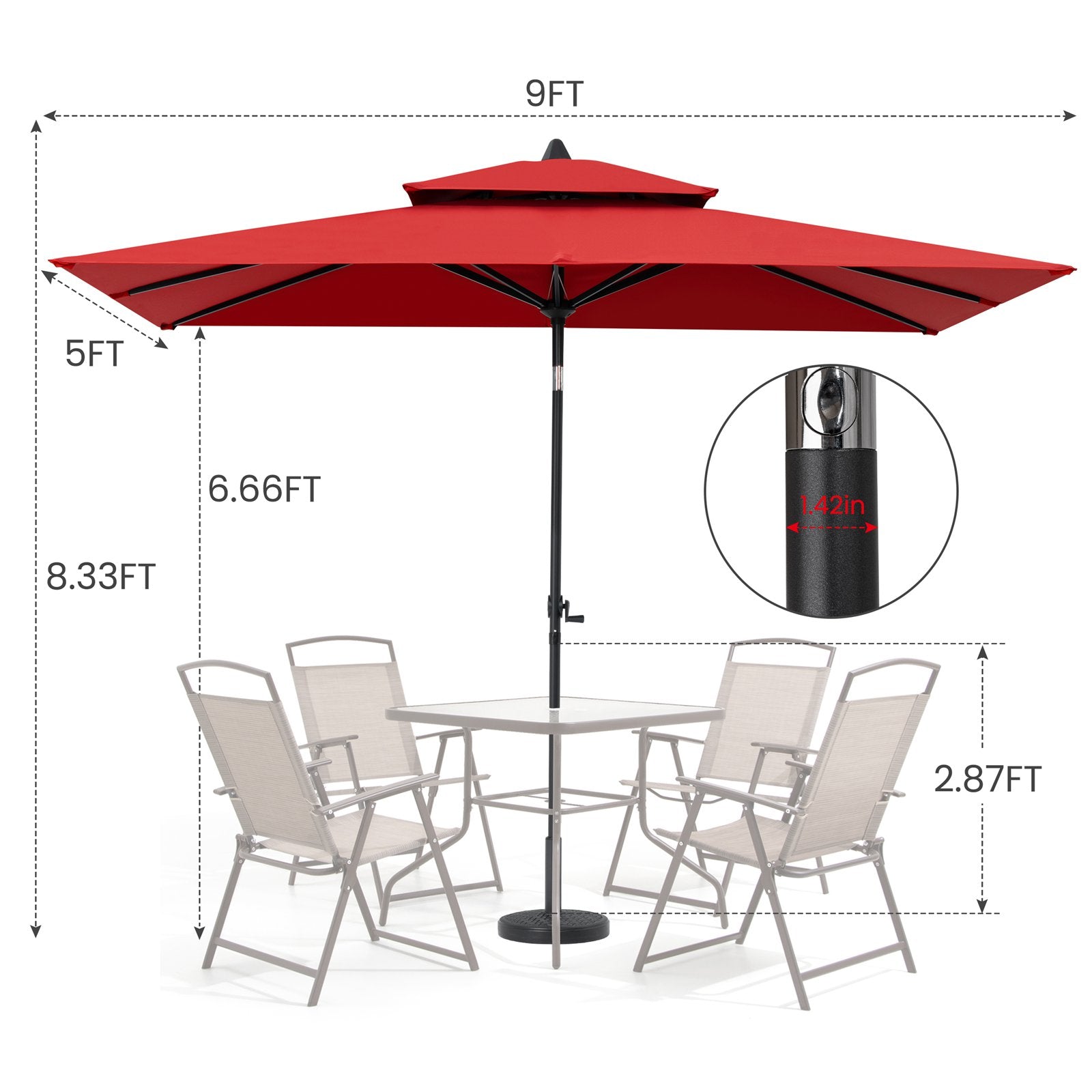 Size details of 9x5 ft red aluminum market umbrella, 8.33ft high with double top for patio set with 1.42in pole.