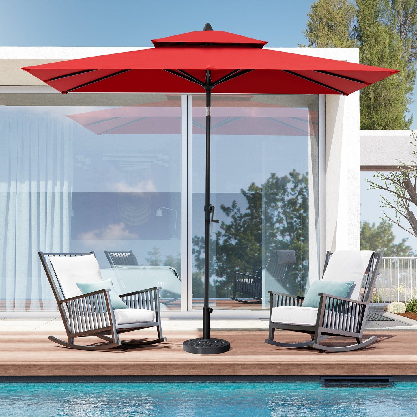9x5 ft red aluminum market umbrella with double top shading two patio rocking chairs by a poolside deck.