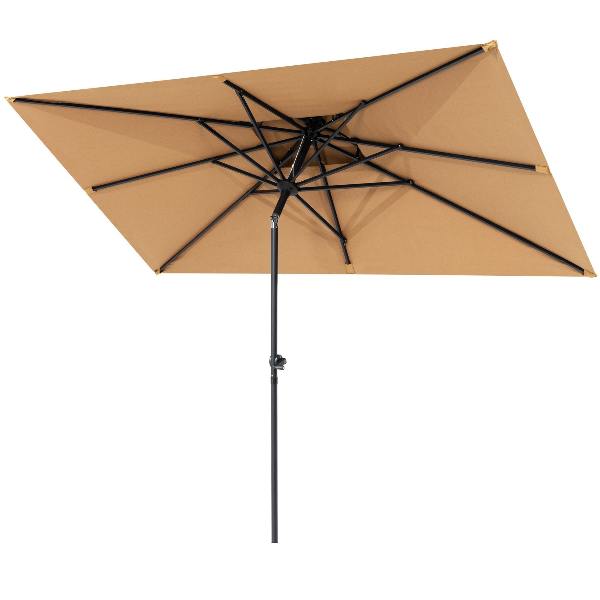 9x5 ft beige aluminum market umbrella with double top, 8 sturdy ribs, frame details and under canopy view.