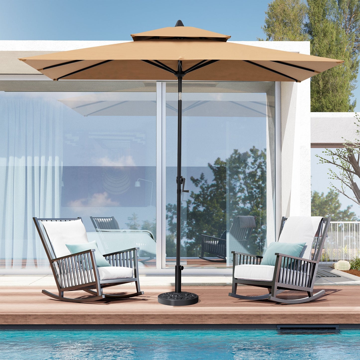 9x5 ft beige aluminum market umbrella with double top shading two patio rocking chairs by a poolside deck.