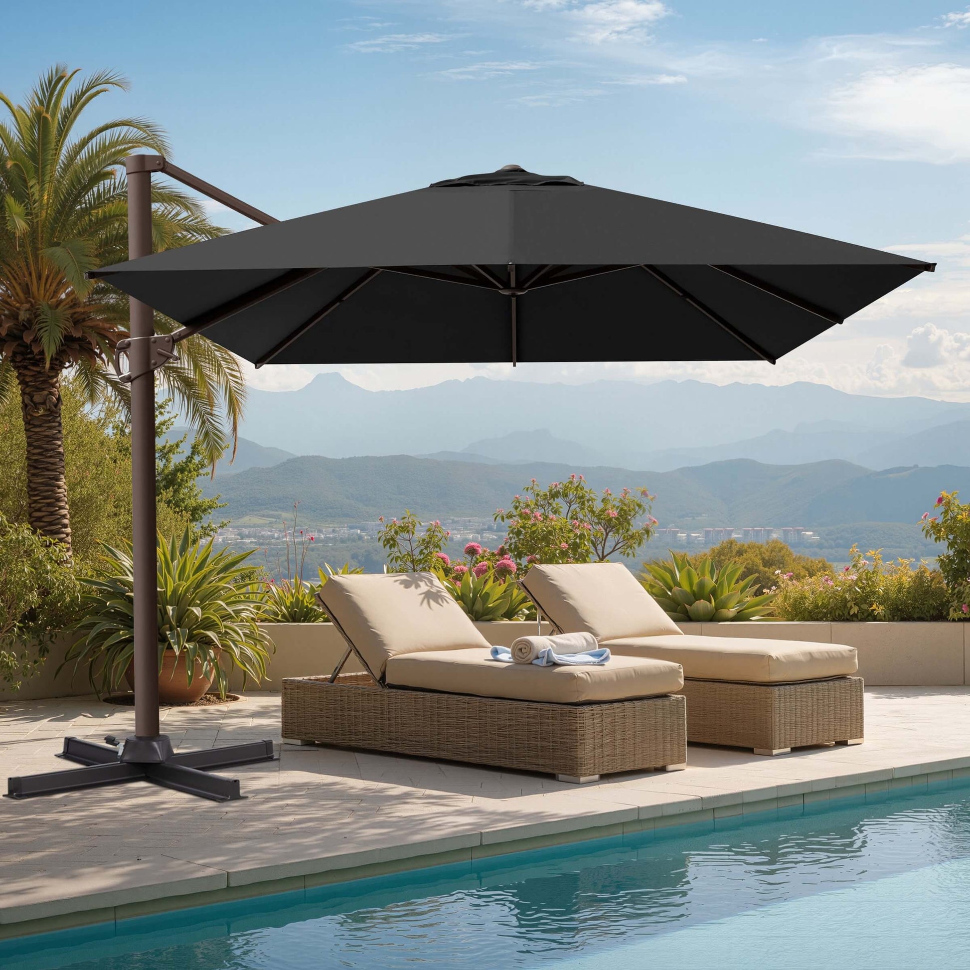 Dark gray square cantilever patio umbrella with cross base shading wicker lounge chairs by a scenic mountain pool.