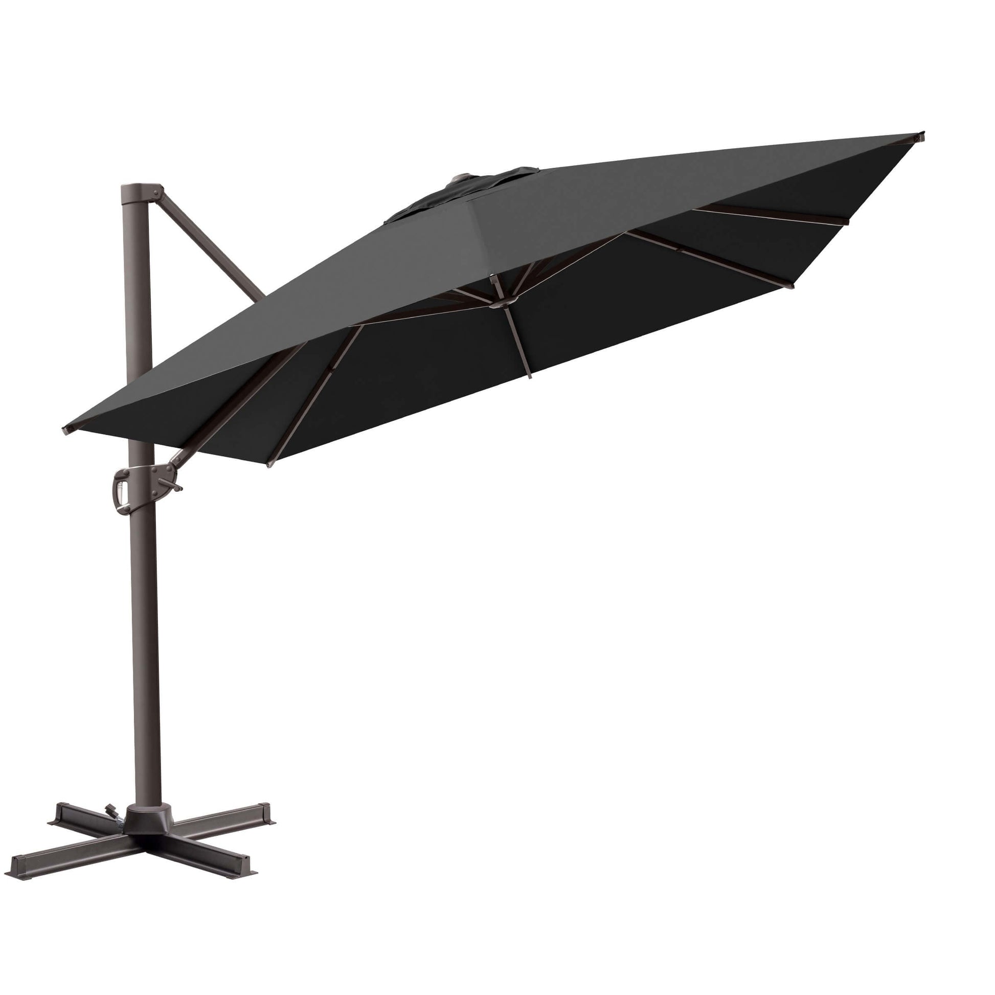 Tilted dark gray single-top cantilever patio umbrella with dark frame and steel cross base on a pure white background.