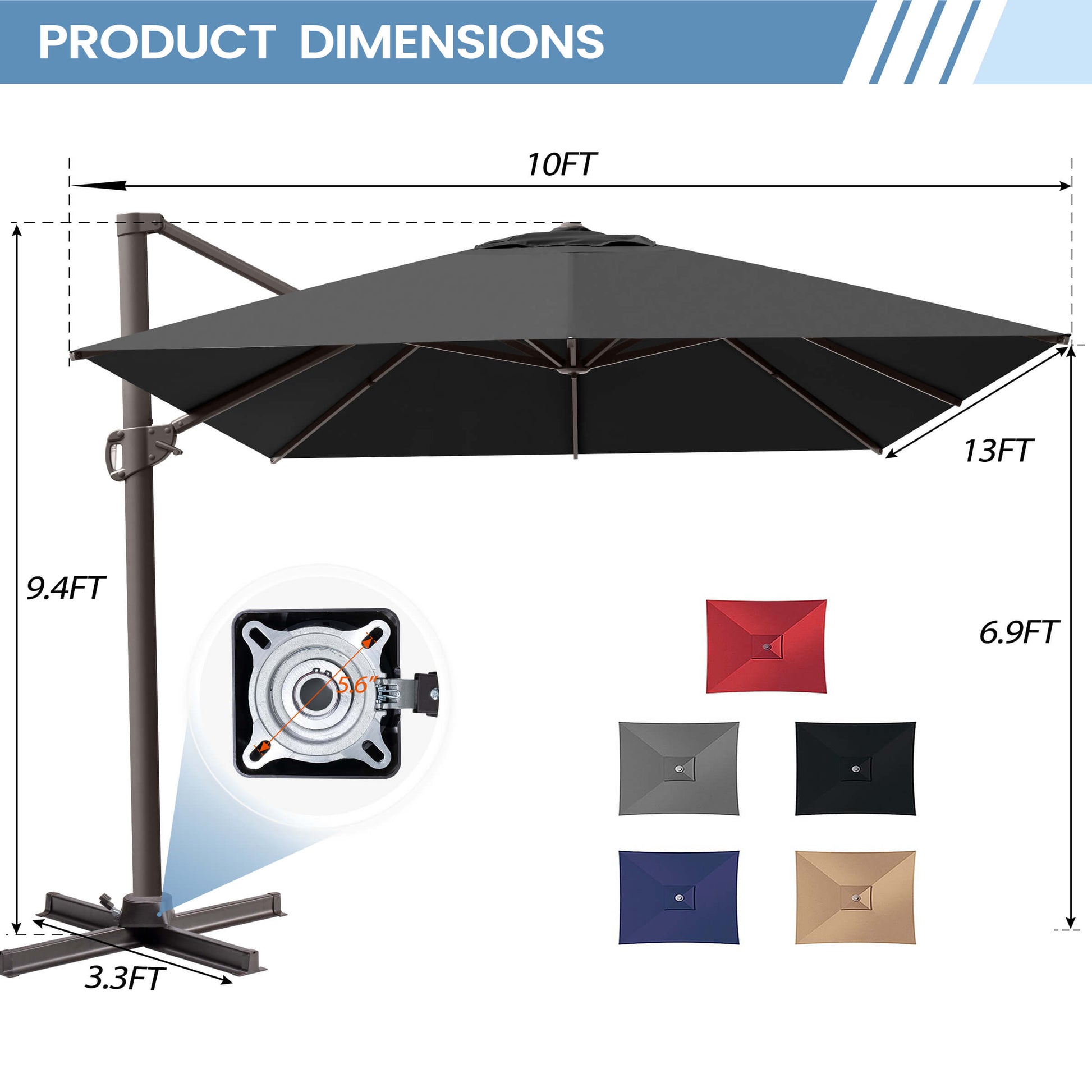 Product dimensions of a 10x13 FT dark gray cantilever patio umbrella with cross base details and multiple color options.