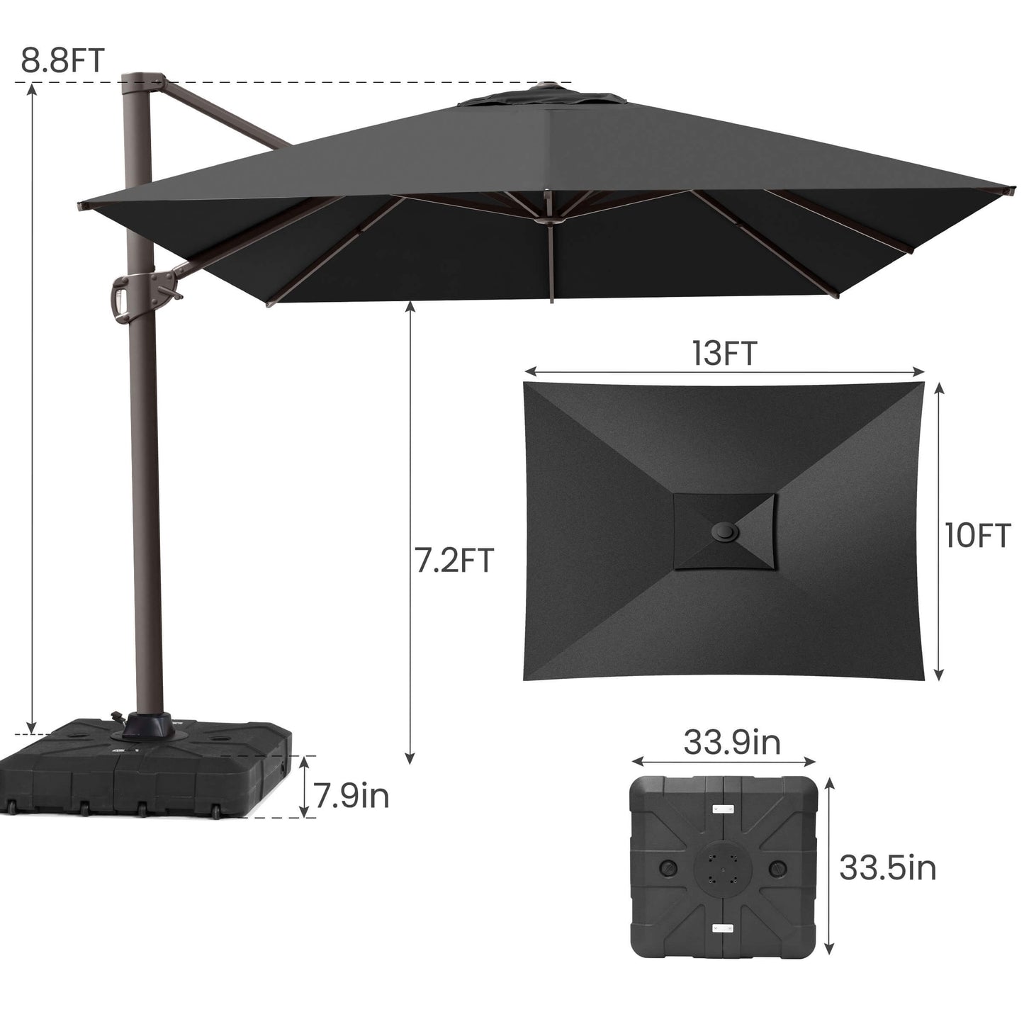 Product dimensions of a 10x13 FT dark gray single-top cantilever patio umbrella showing height and wheeled base.