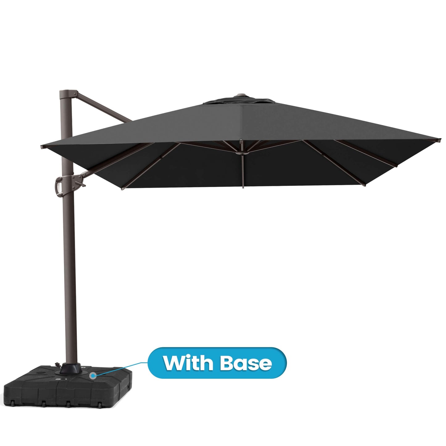Open dark gray single-top cantilever patio umbrella with a heavy-duty black wheeled base and a "With Base" text bubble on a white background.