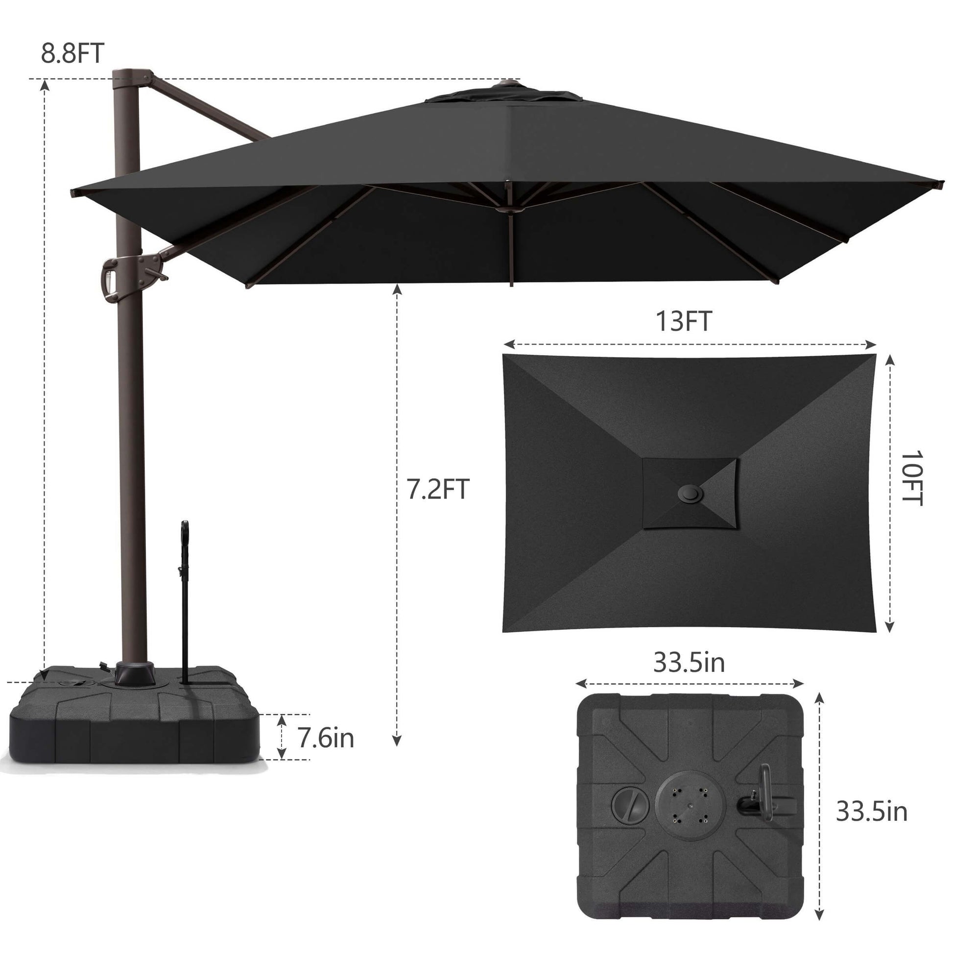 Dimensions of 10x13 FT dark gray single-top cantilever patio umbrella, showing height and rolling base with pull rod.