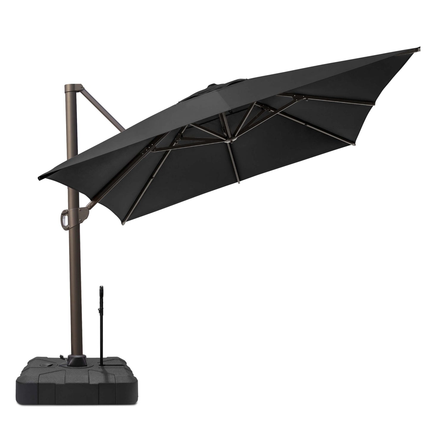 Tilted dark gray square cantilever patio umbrella on a heavy-duty rolling base with pull rod on white background.