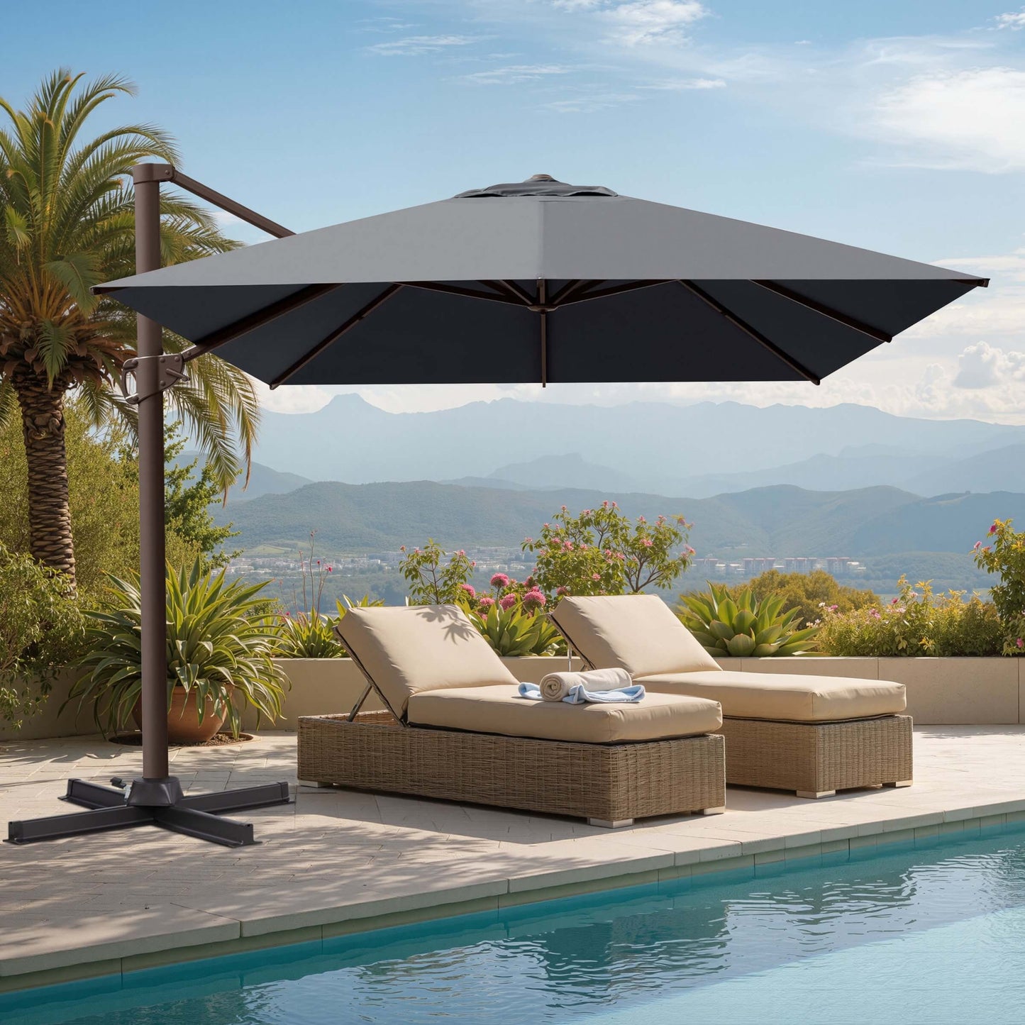 Gray square cantilever patio umbrella with cross base shading wicker lounge chairs by a scenic mountain pool.
