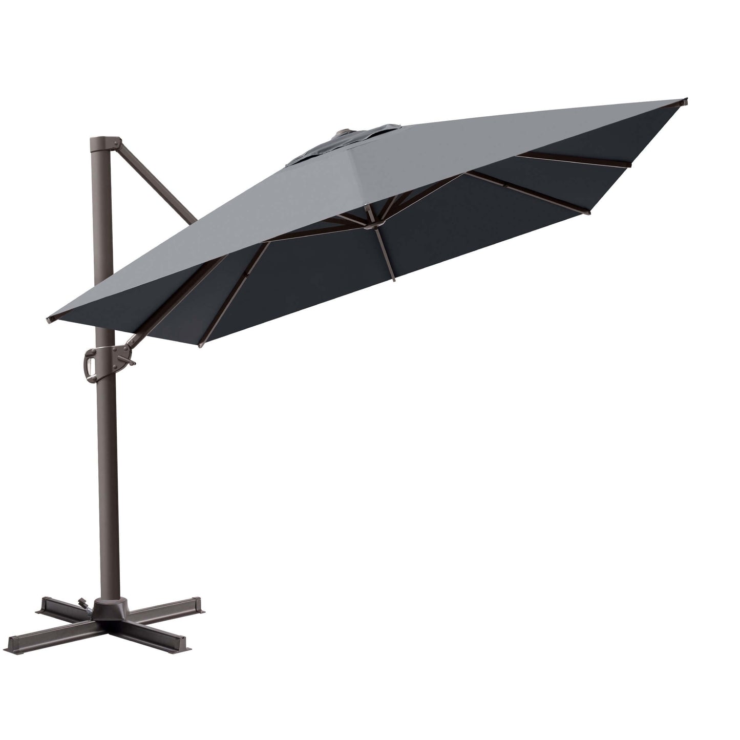Tilted gray single-top cantilever patio umbrella with dark frame and steel cross base on a pure white background.