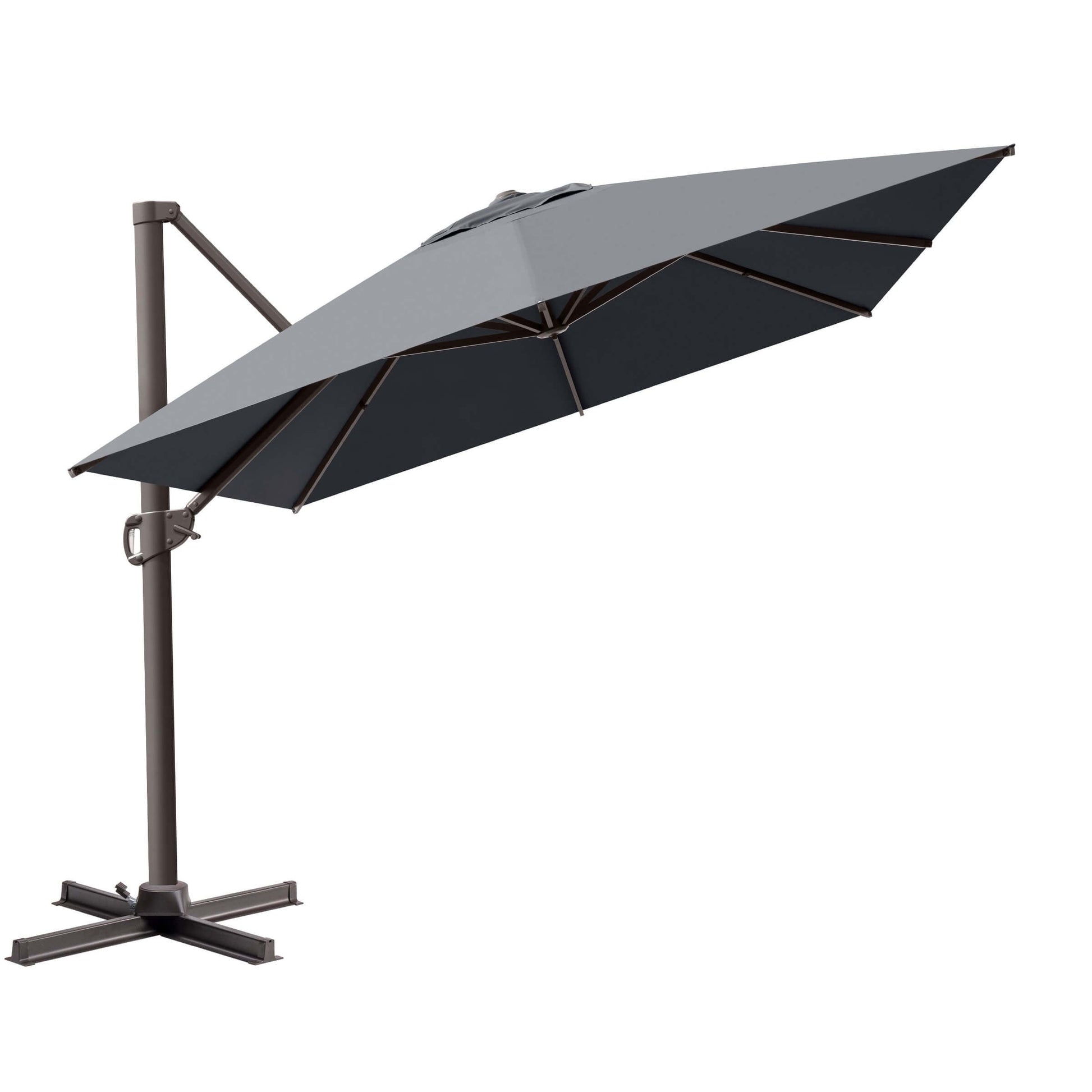 Tilted gray single-top cantilever patio umbrella with dark frame and steel cross base on a pure white background.