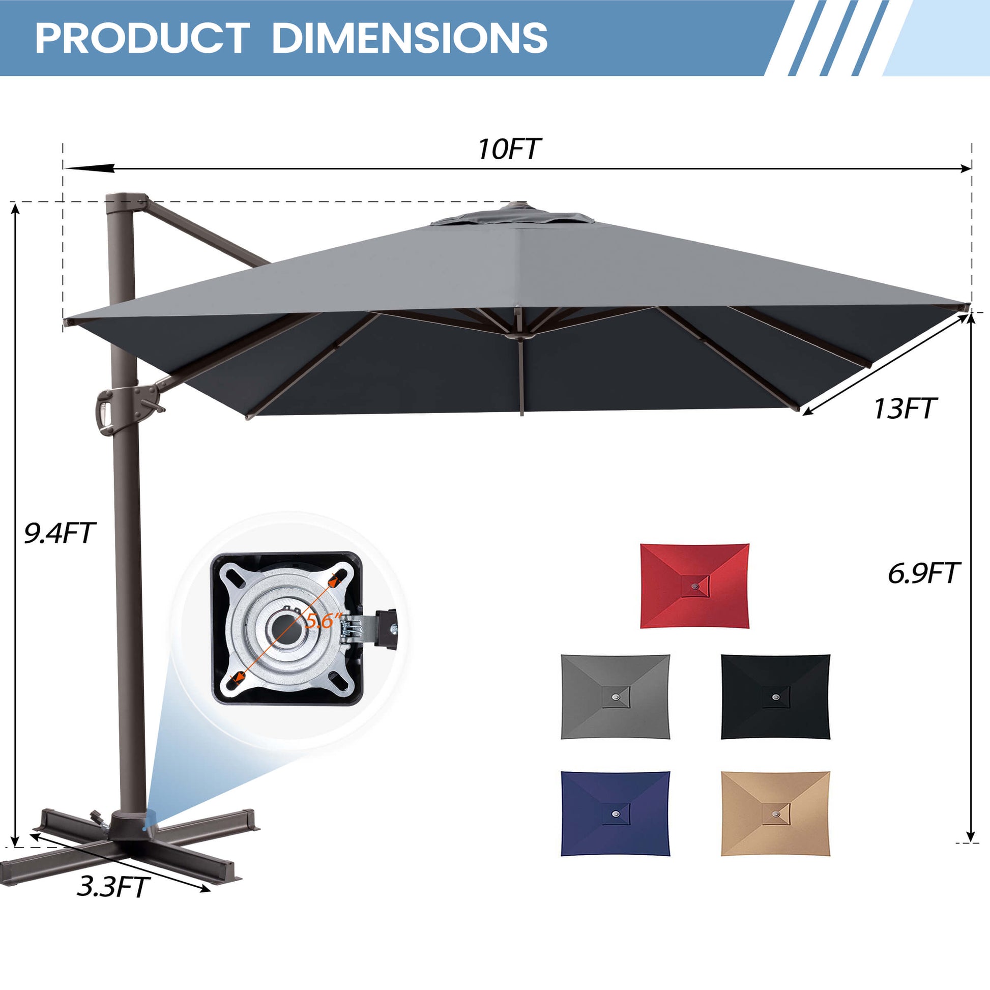 Product dimensions of a 10x13 FT gray cantilever patio umbrella with cross base details and color options.