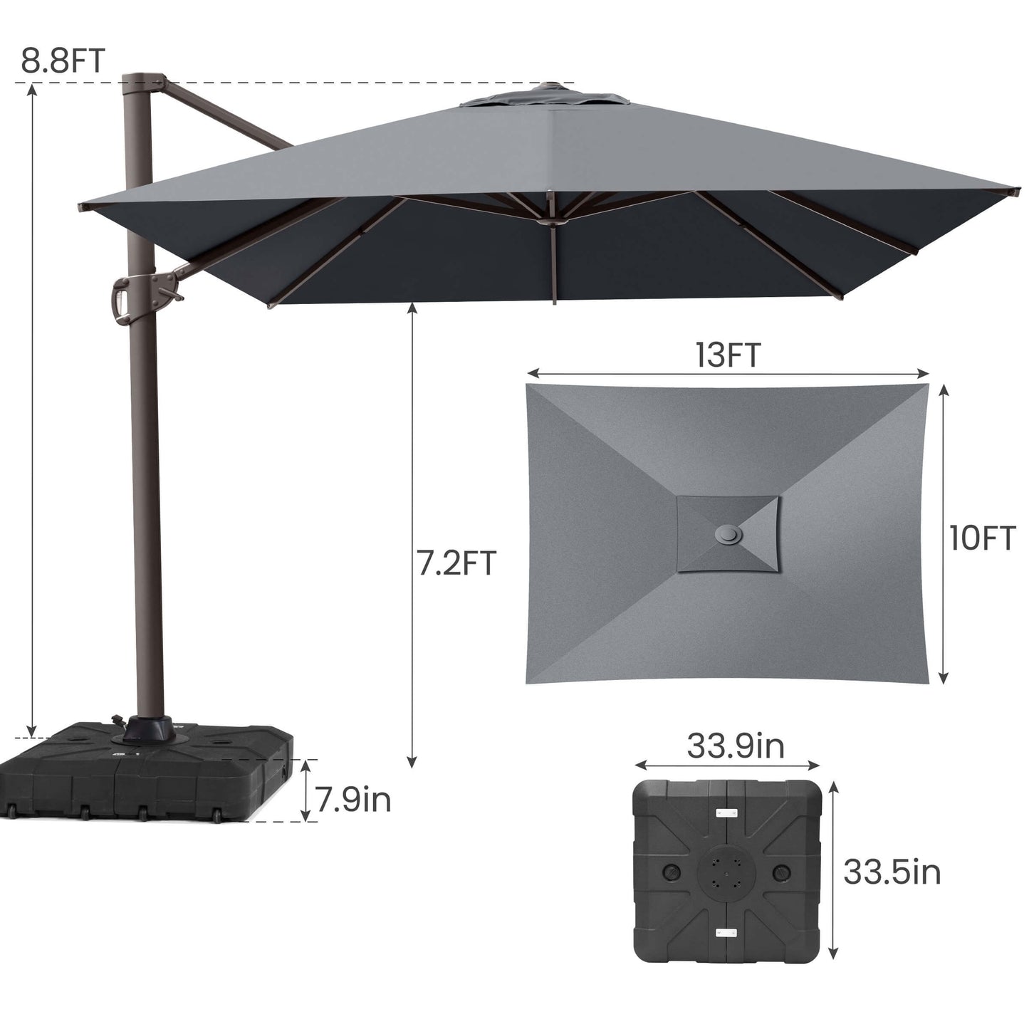 Product dimensions of a 10x13 FT gray single-top cantilever patio umbrella showing height and wheeled base.
