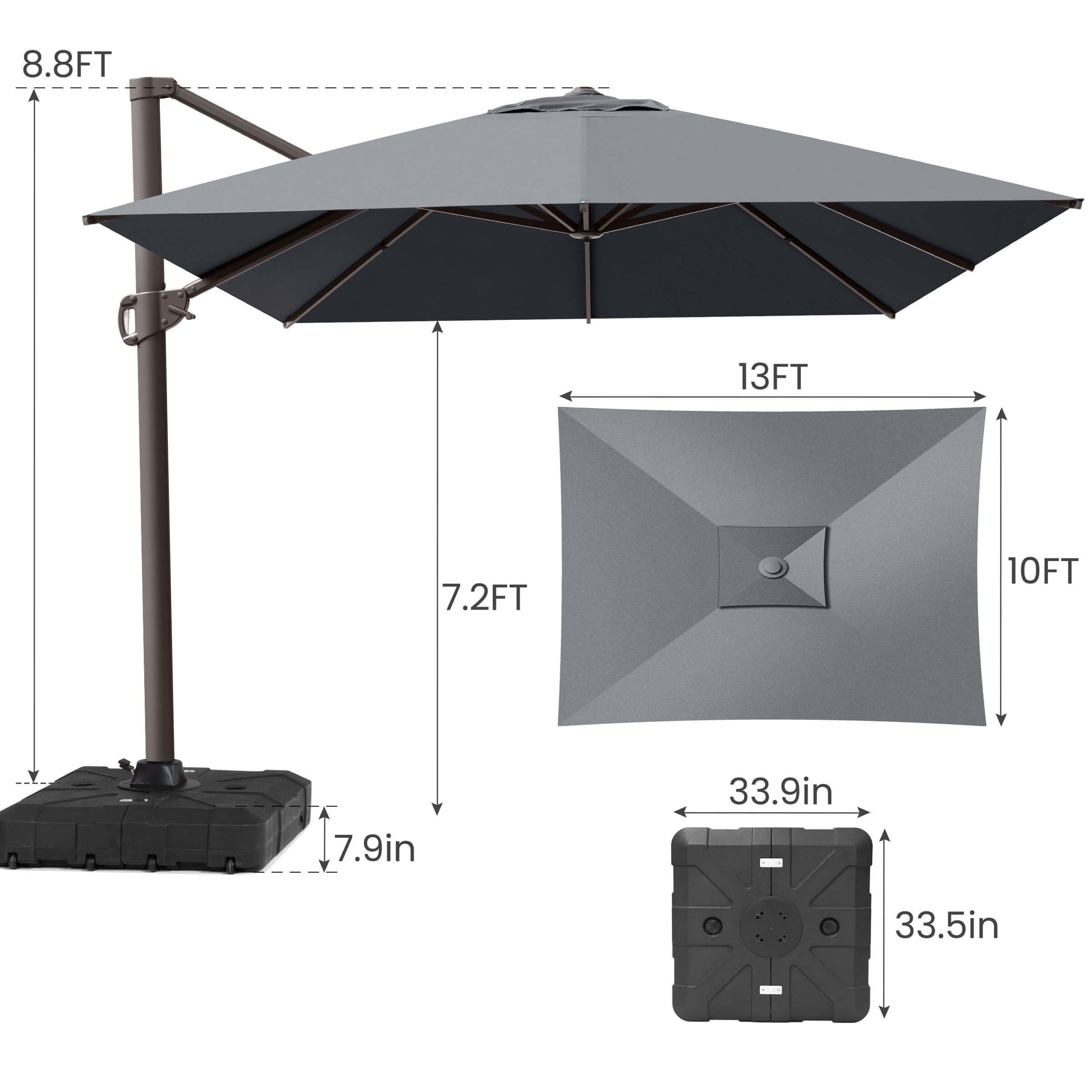 Product dimensions of a 10x13 FT gray single-top cantilever patio umbrella showing height and wheeled base.