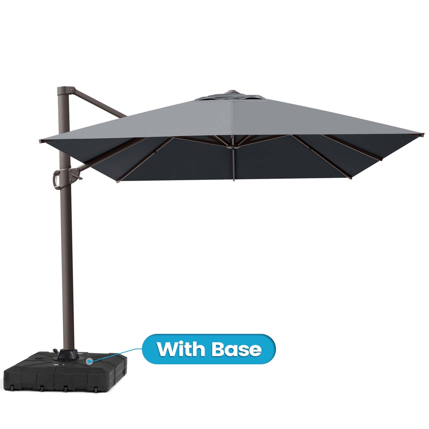 Open gray single-top cantilever patio umbrella with black wheeled base and a blue "With Base" bubble on white.