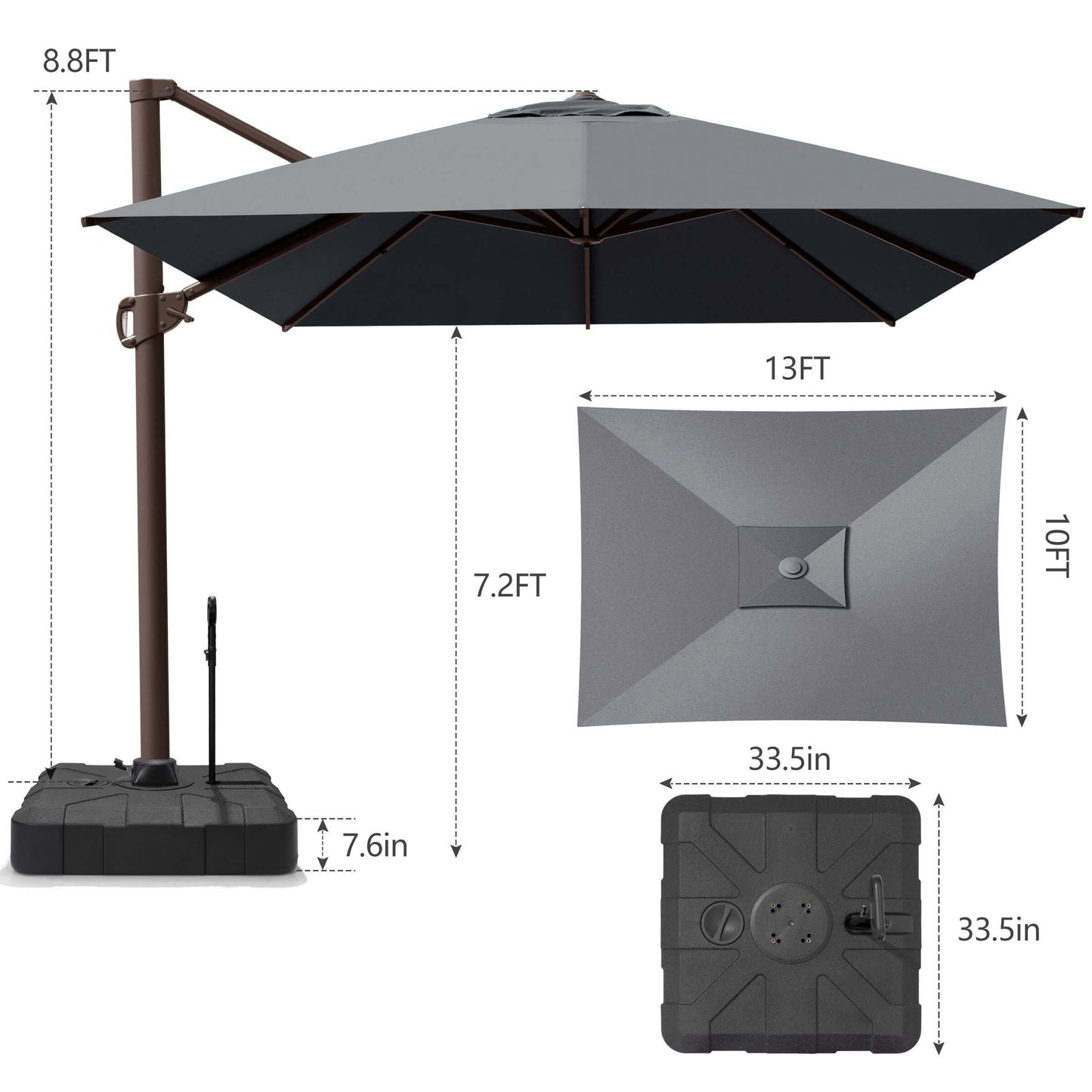 Dimensions of 10x13 FT gray single-top cantilever patio umbrella, showing height and rolling base with pull rod.