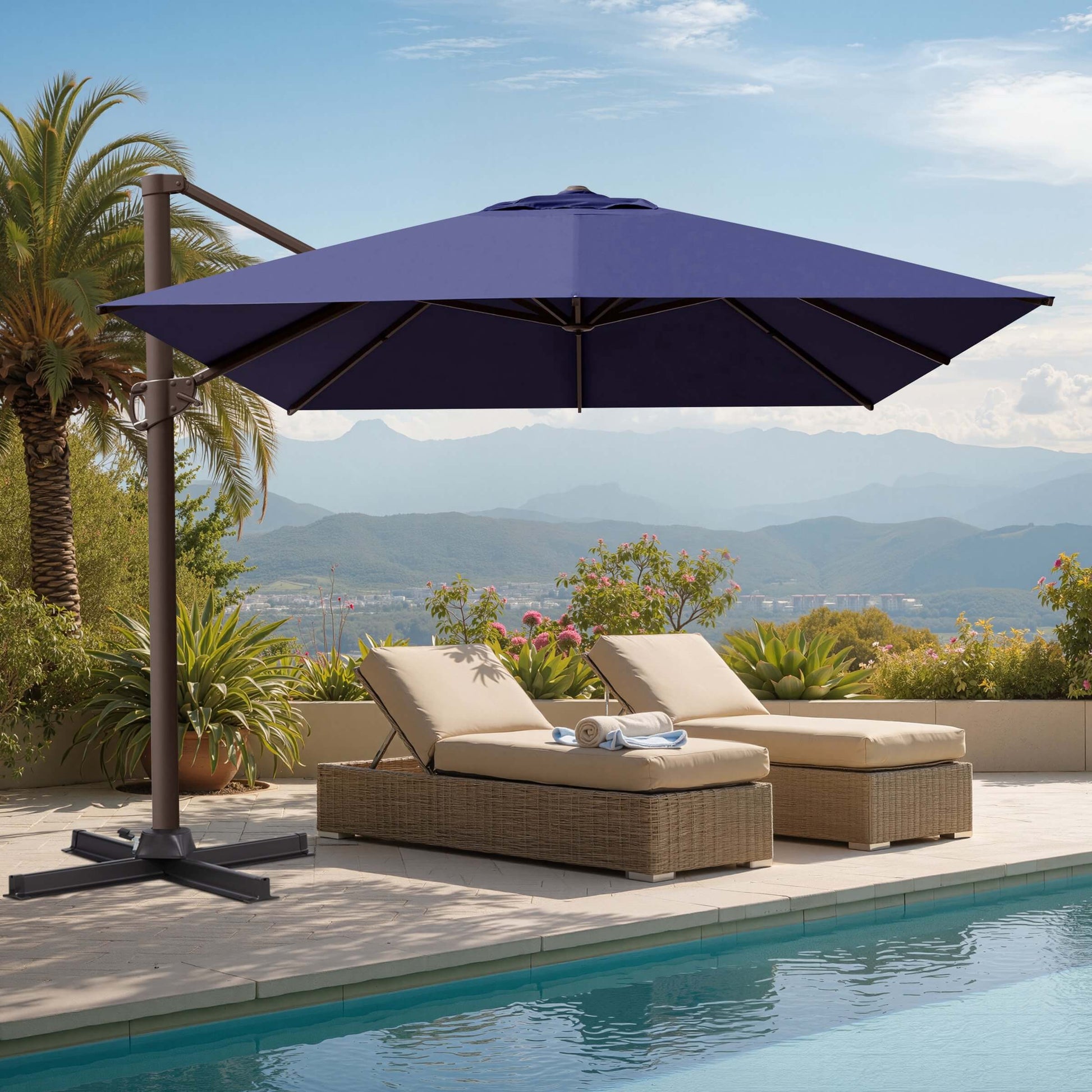 Navy blue square cantilever patio umbrella with cross base shading wicker lounge chairs by a scenic mountain pool.