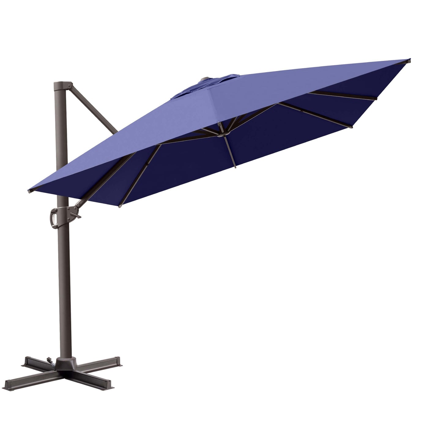 Tilted navy blue square cantilever patio umbrella with dark frame and steel cross base on a white background.