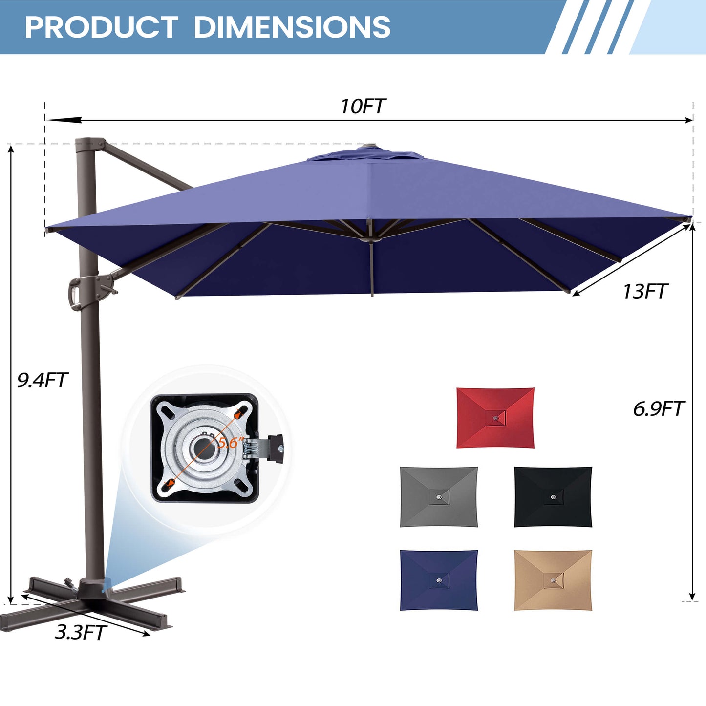 Product dimensions of a 10x13 FT navy blue cantilever patio umbrella with cross base details and color options.