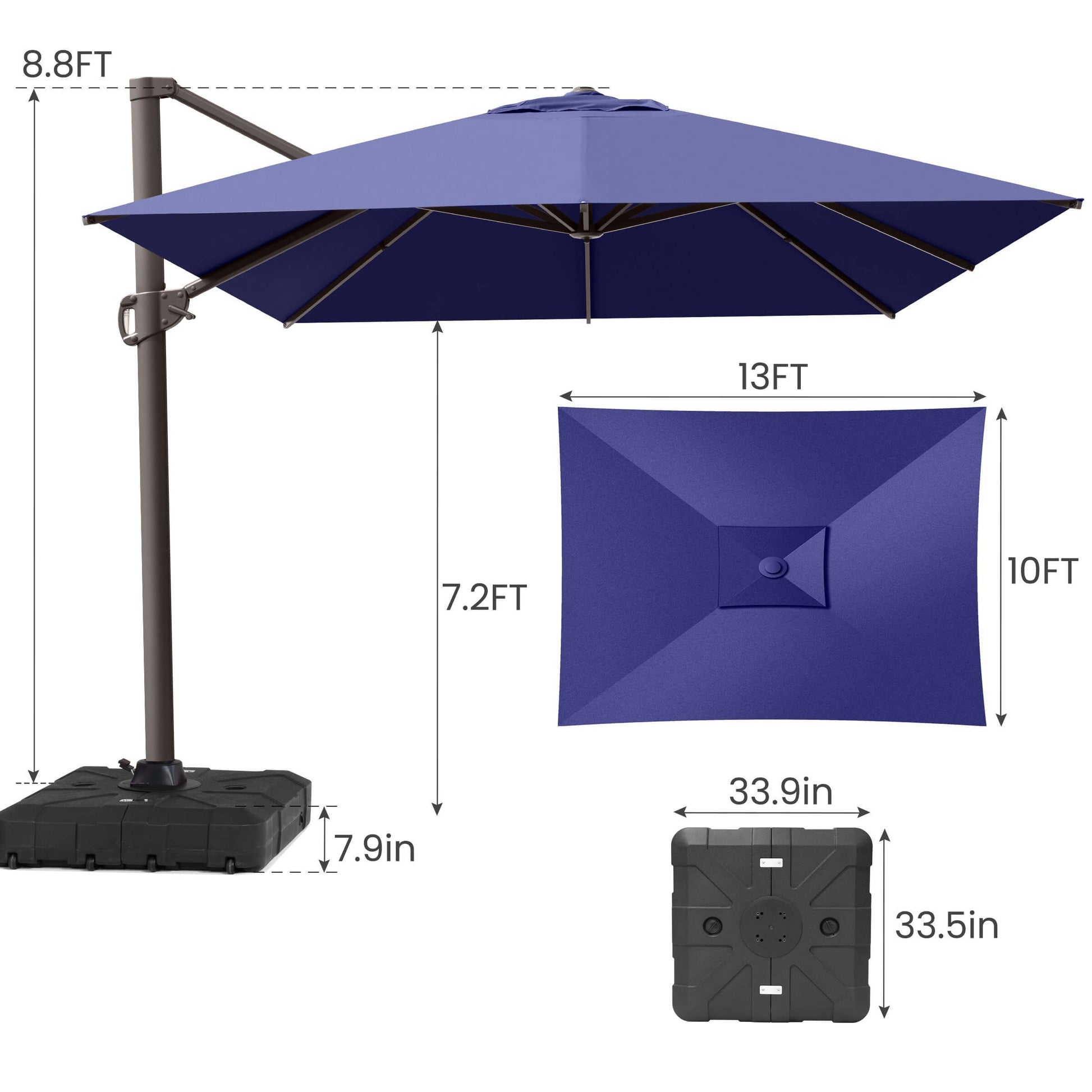 Dimensions of 10x13 FT navy blue single-top cantilever patio umbrella, showing height and wheeled base.