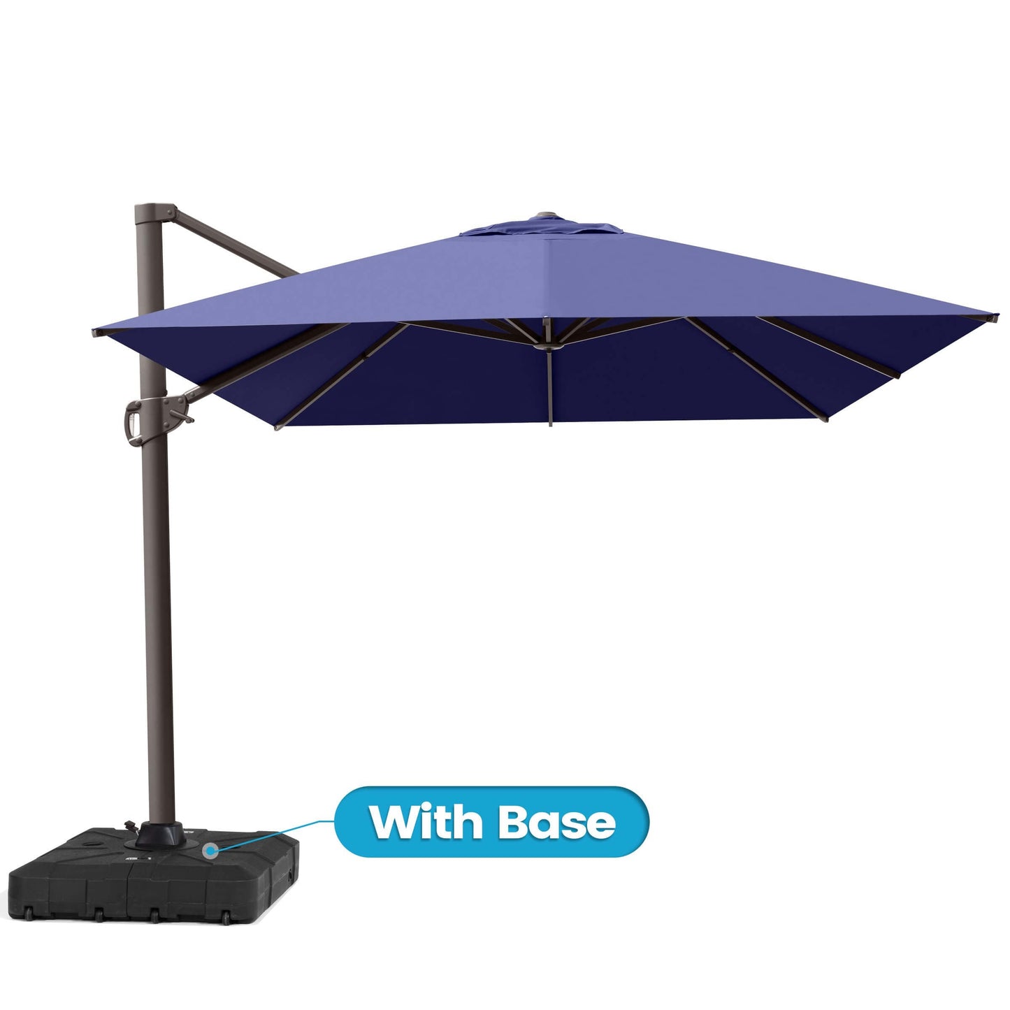Open navy blue single-top cantilever patio umbrella with black wheeled base and a blue "With Base" bubble on white.