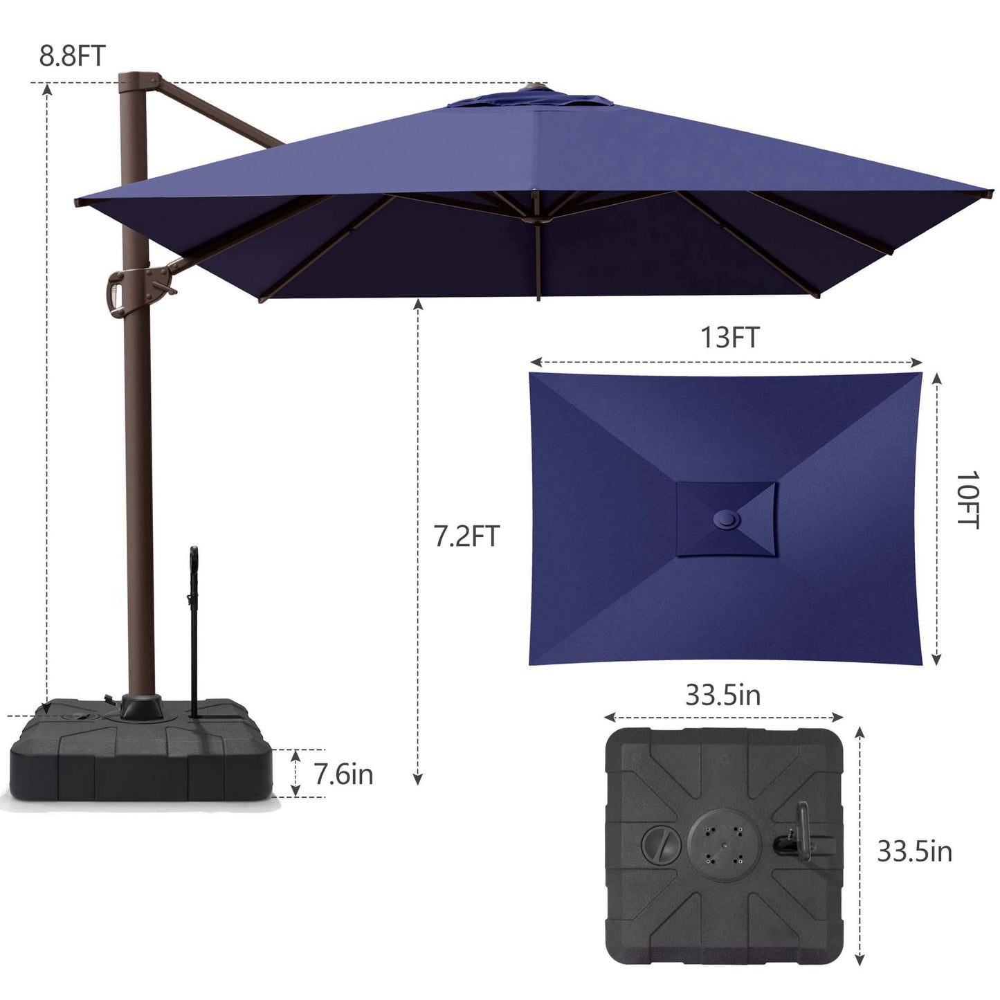 Dimensions of 10x13 FT navy blue single-top cantilever patio umbrella, showing height and rolling base with pull rod.