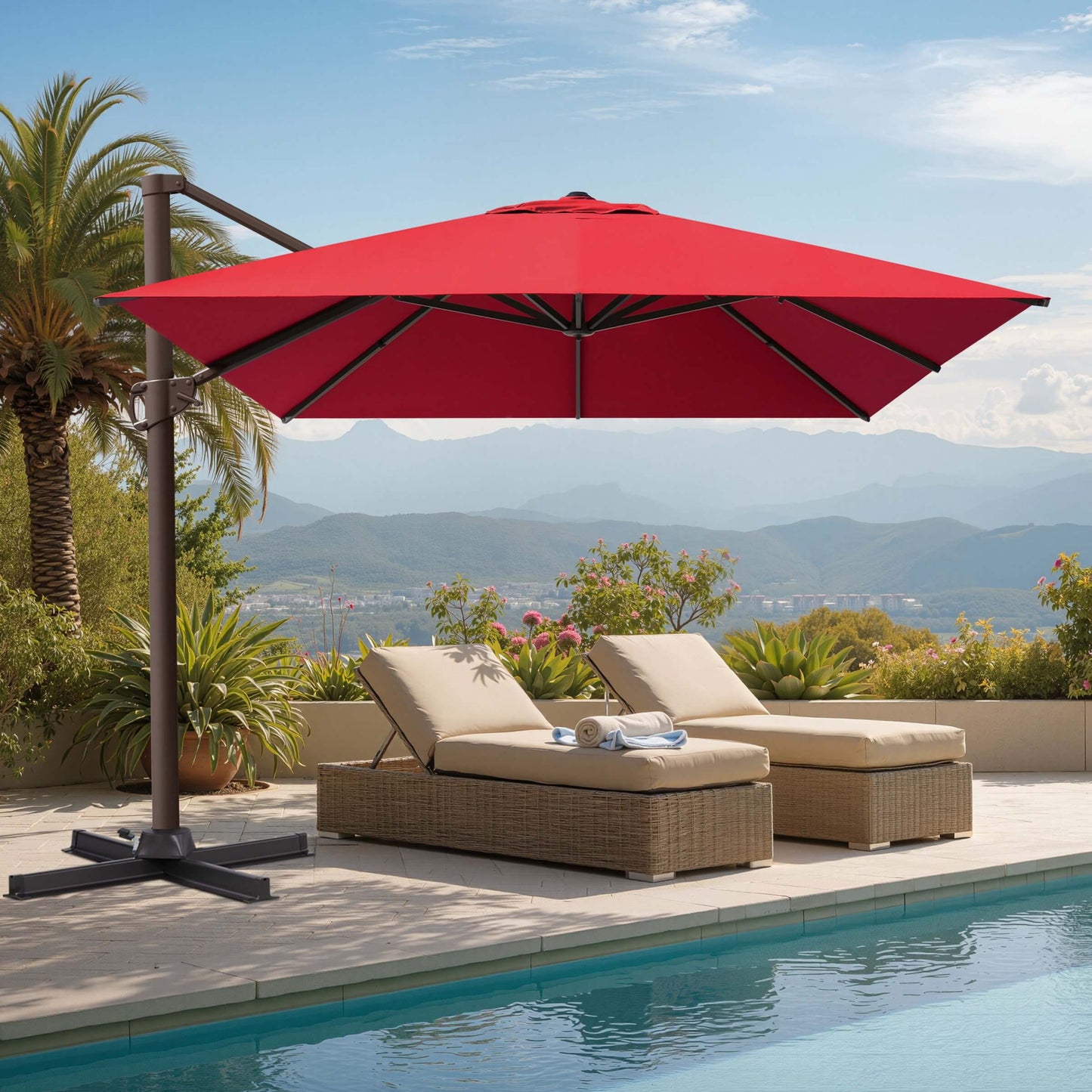 Red square cantilever patio umbrella with cross base shading wicker lounge chairs by a scenic mountain pool.