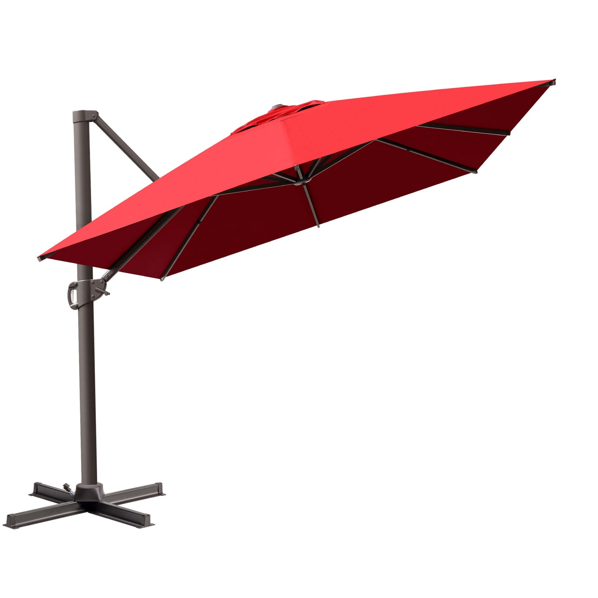 Open and tilted red cantilever patio umbrella with a dark bronze frame and black cross base.