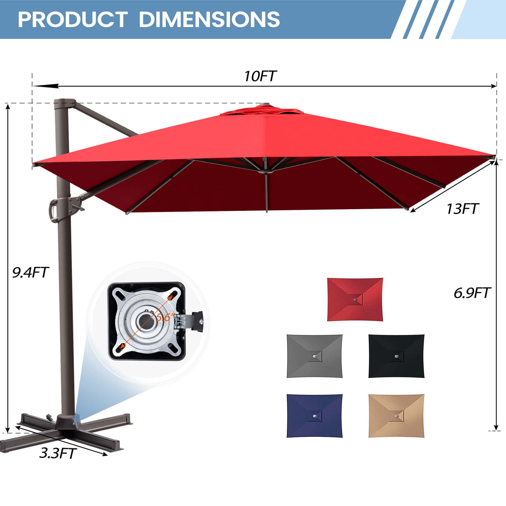Product dimensions of a 10x13 FT red cantilever patio umbrella with cross base details and color options.