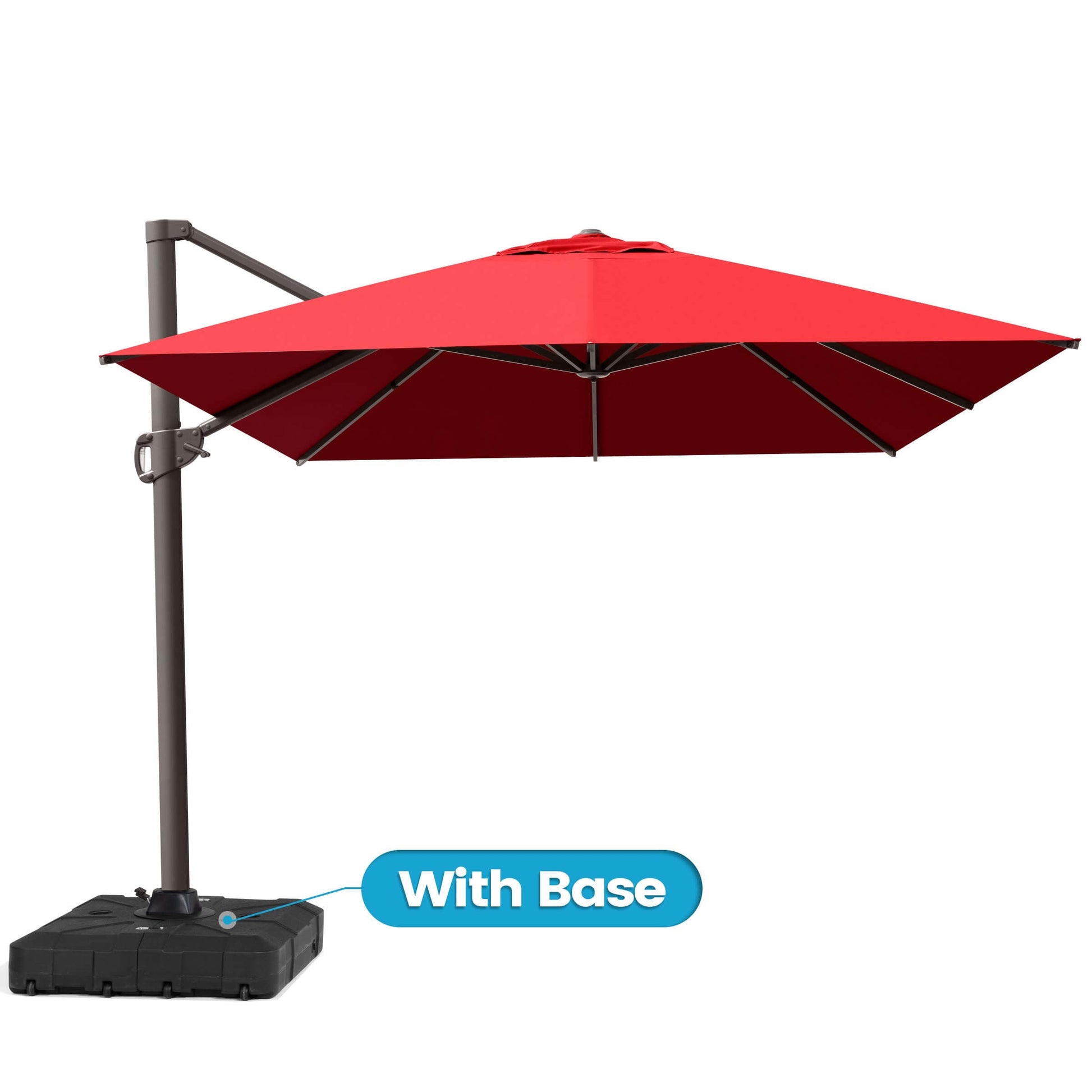 Red square cantilever patio umbrella with included black wheeled base.