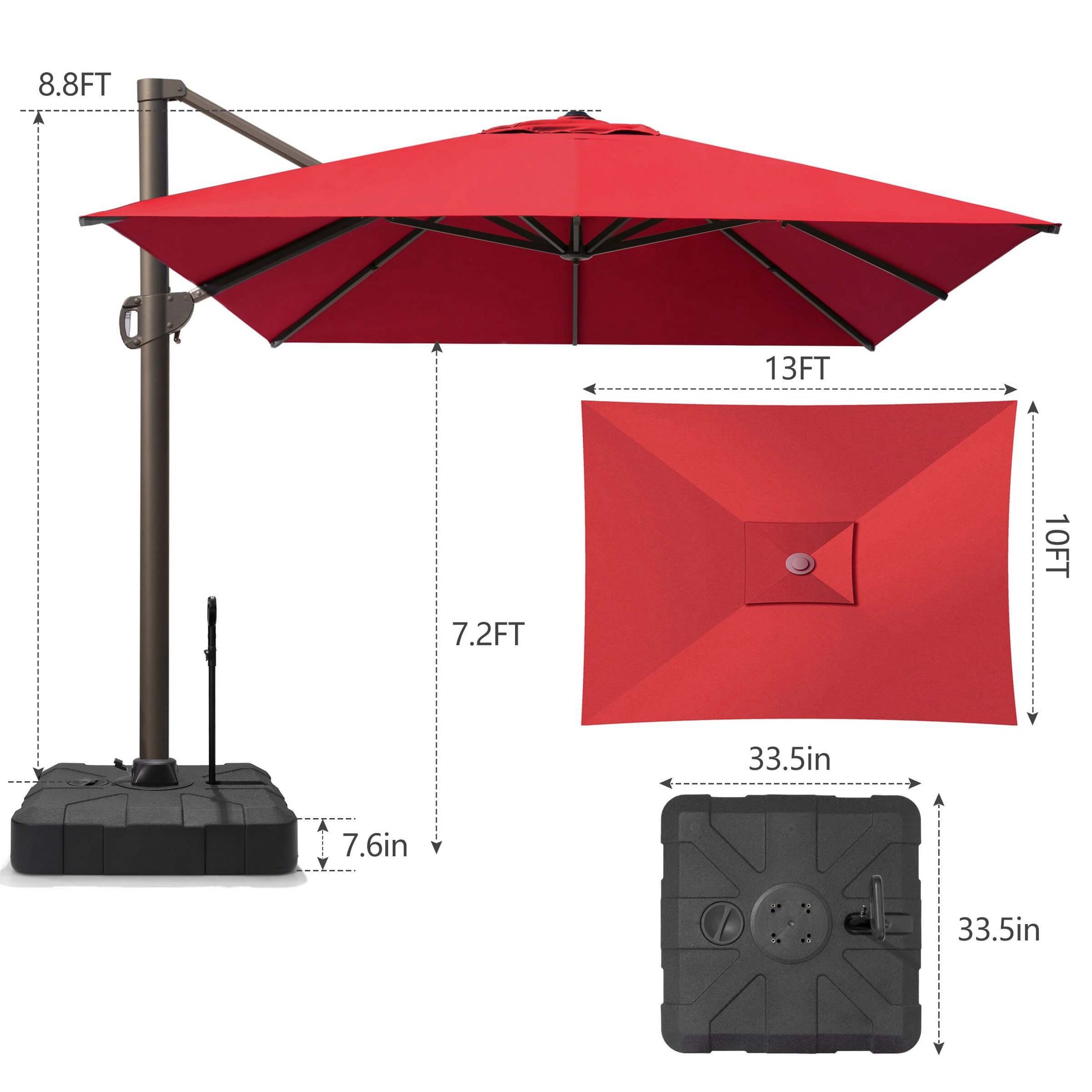 Dimensions of 10x13 FT red single-top cantilever patio umbrella, showing height and rolling base with pull rod.