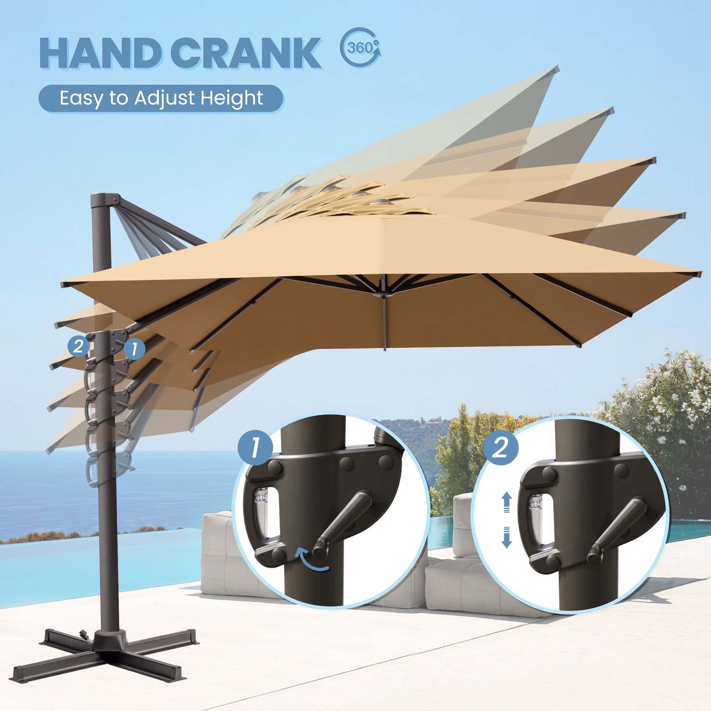 Tan square cantilever patio umbrella demonstrating height and tilt adjustments using the hand crank sliding handle.