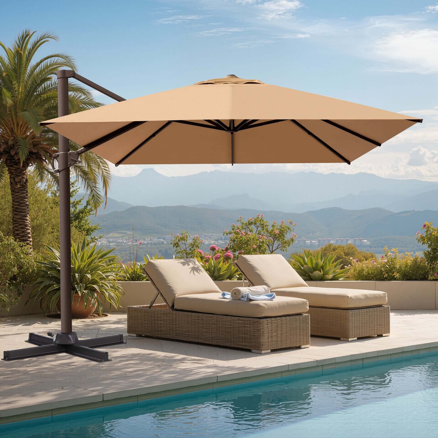 Tan square cantilever patio umbrella with cross base shading wicker lounge chairs beside a scenic mountain pool.