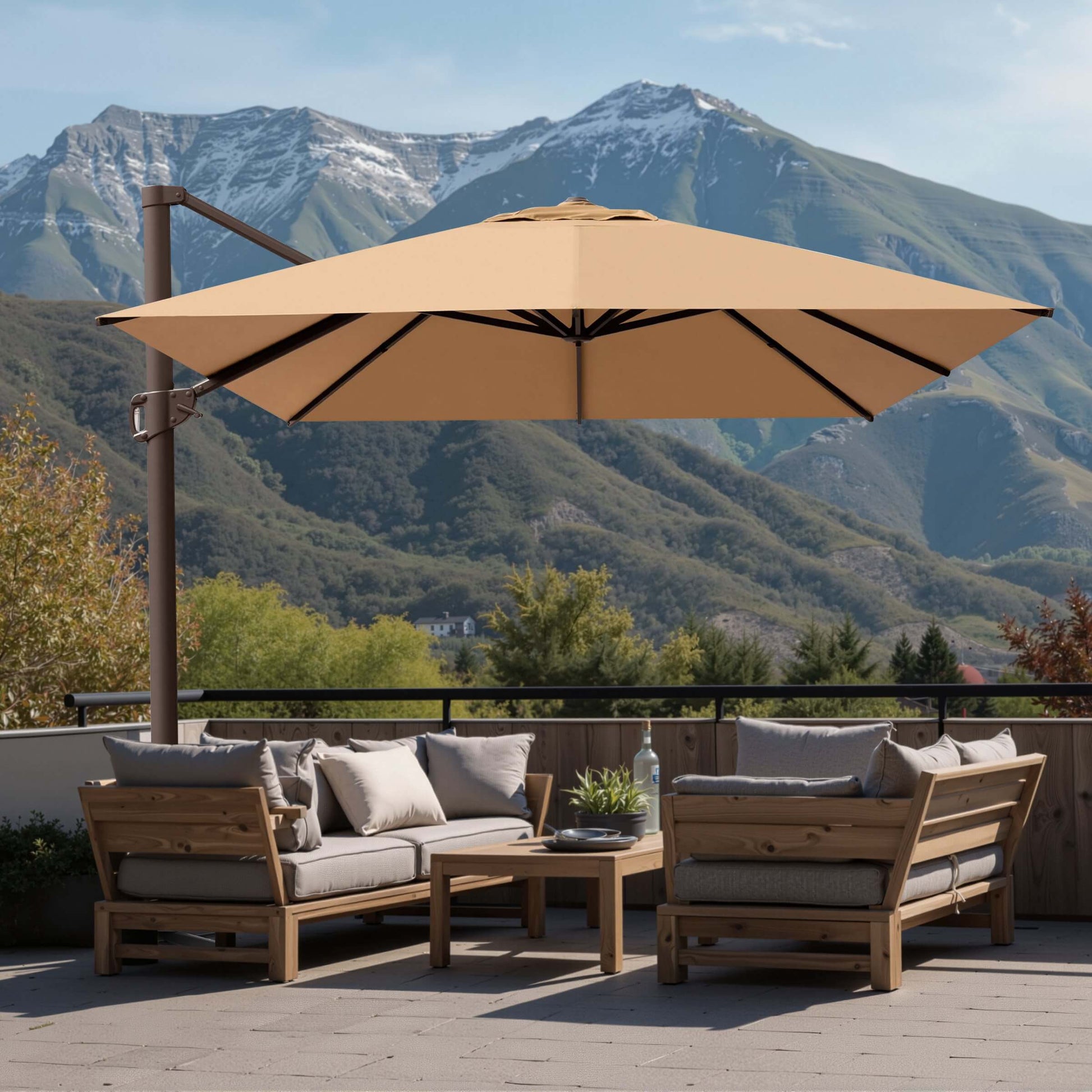 Tan square single-top cantilever patio umbrella shading a wooden lounge set on a balcony with scenic mountain views.