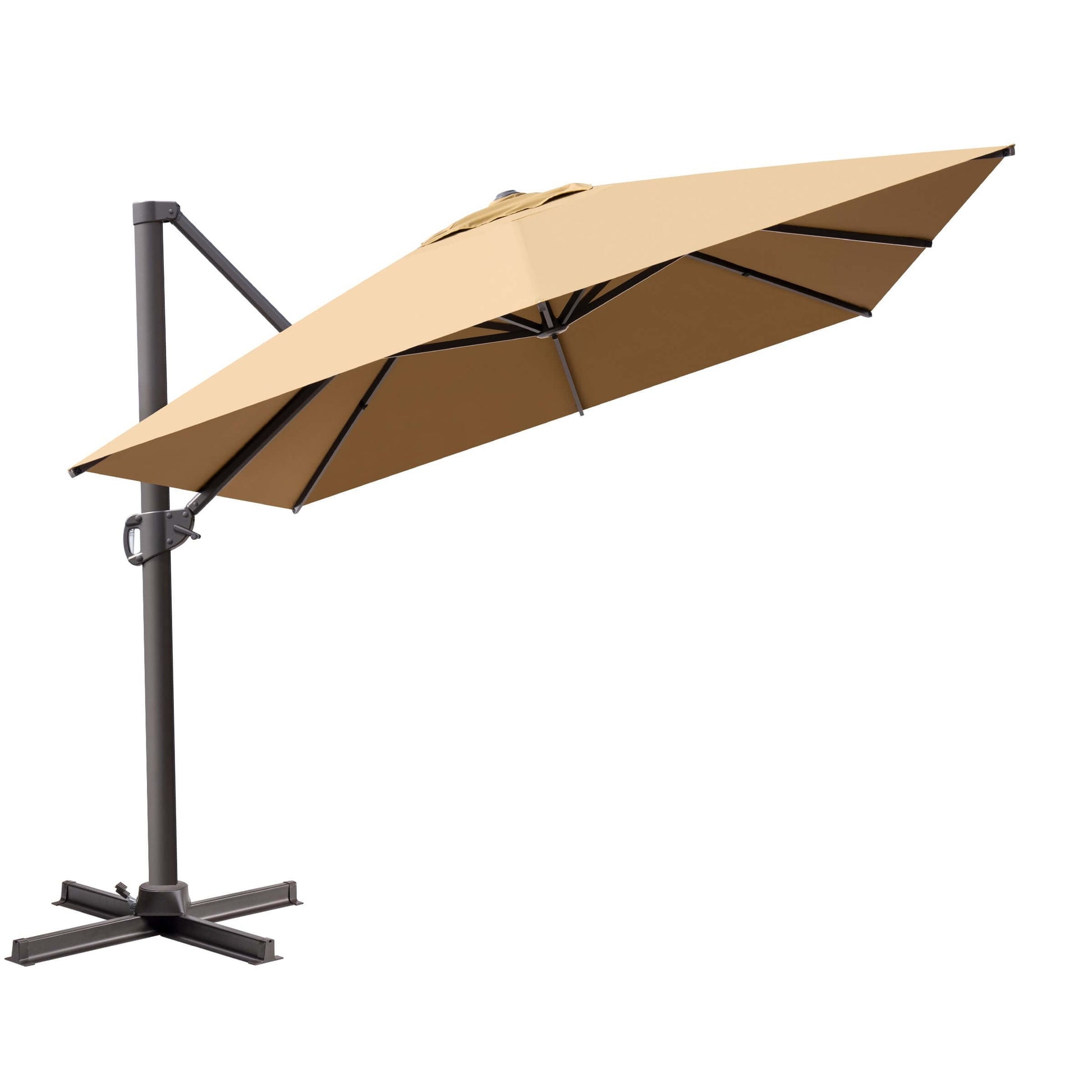 Single-top tan cantilever patio umbrella, open and tilted, with dark frame and steel cross base on a white background.