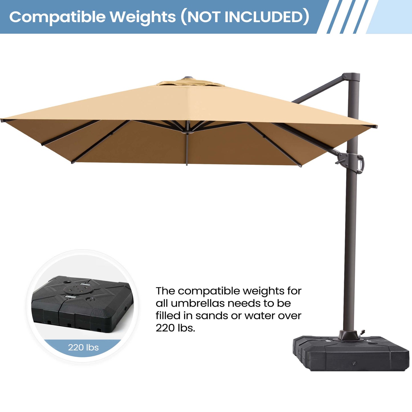 Tan square cantilever patio umbrella indicating the required compatible 220 lbs weighted base is not included.