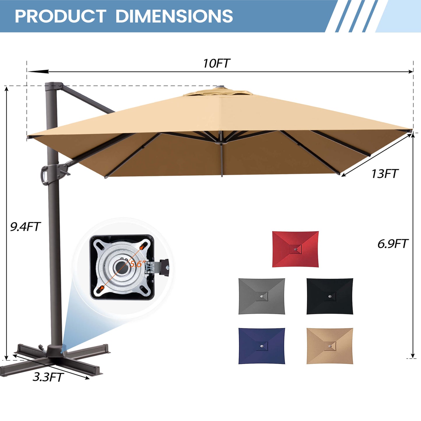 Product dimensions of a 10x13 FT tan cantilever patio umbrella with cross base details and multiple color options.