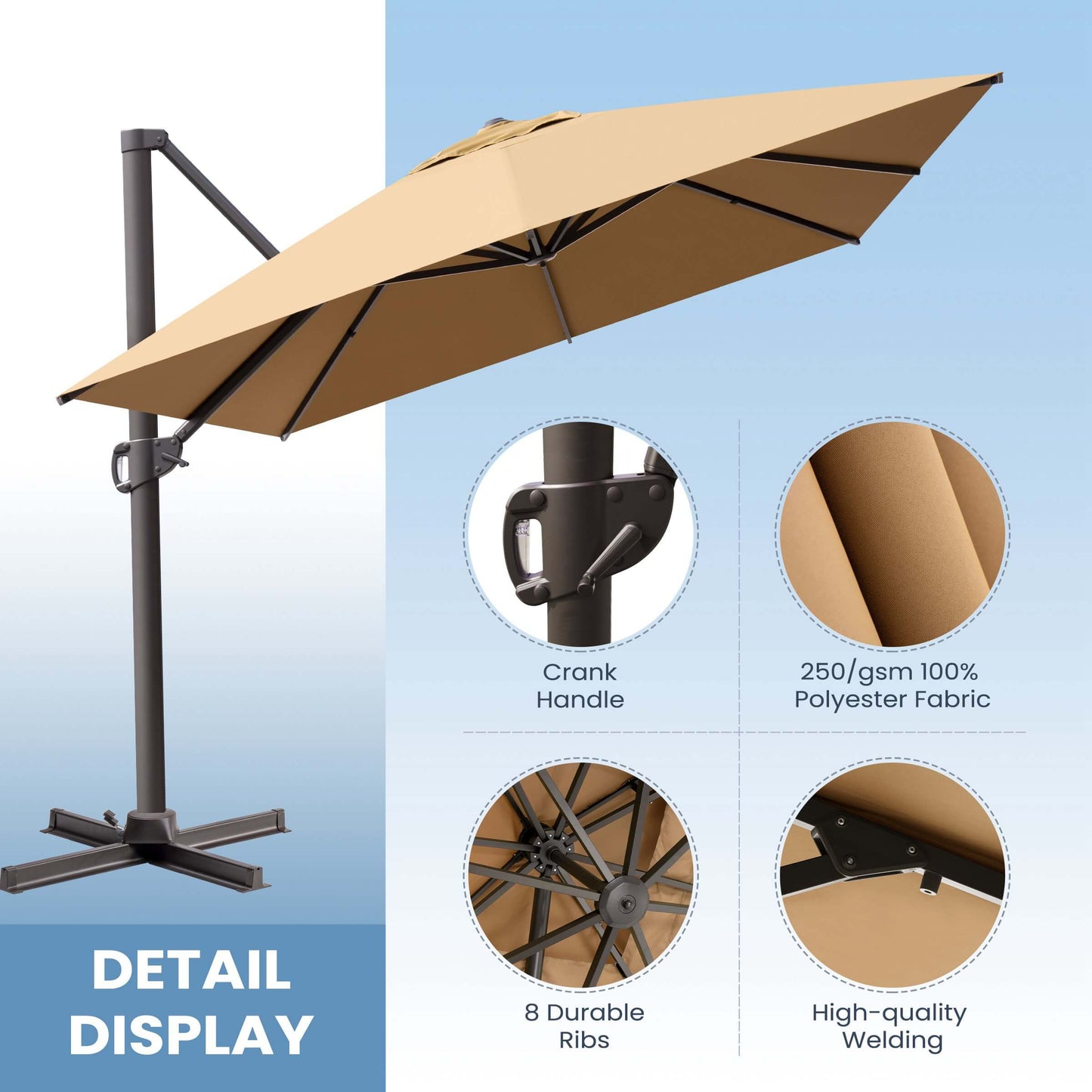 Detail display of tan cantilever patio umbrella showing crank handle, 250gsm polyester fabric, and 8 sturdy ribs.