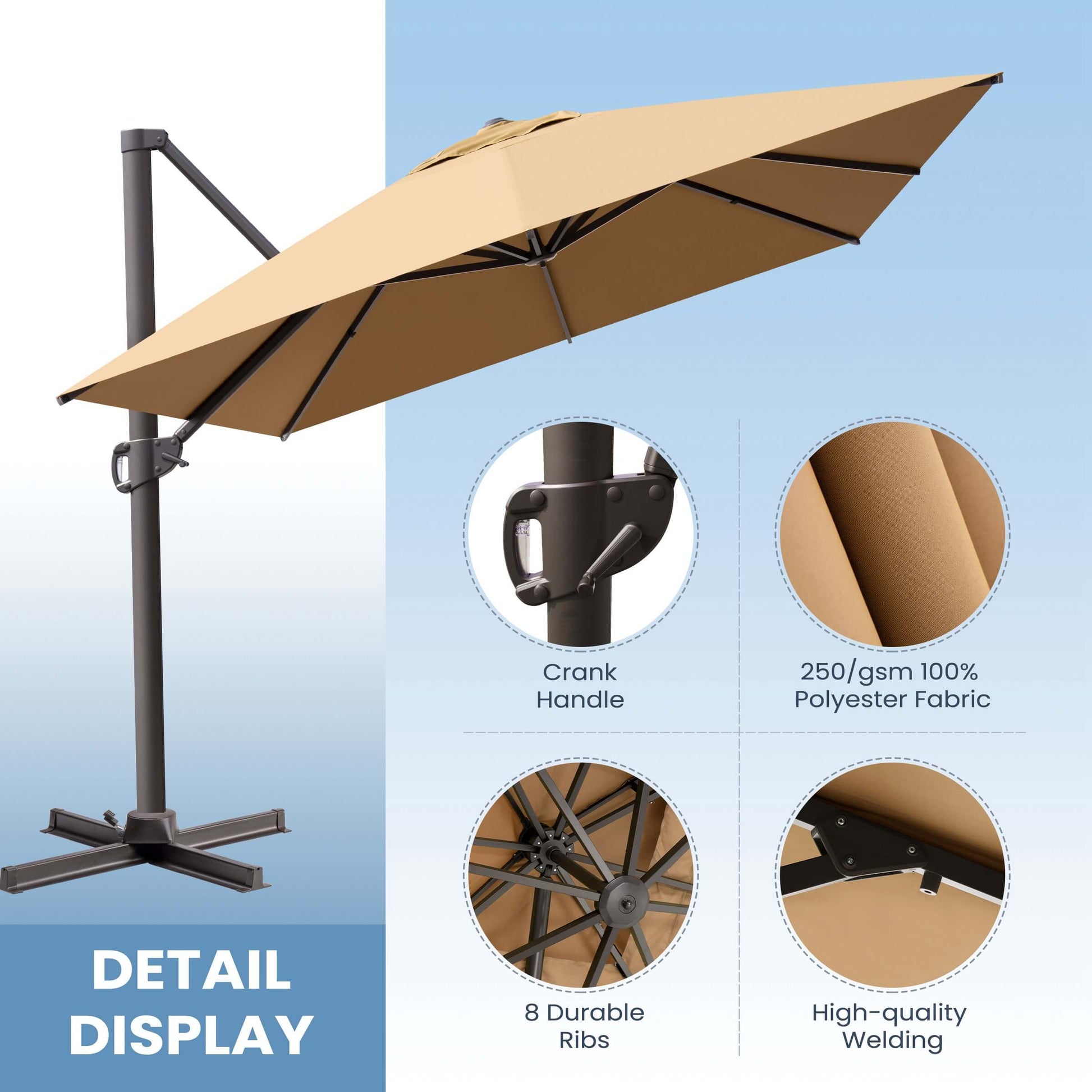 Detail display of tan cantilever patio umbrella showing crank handle, 250gsm polyester fabric, and 8 sturdy ribs.