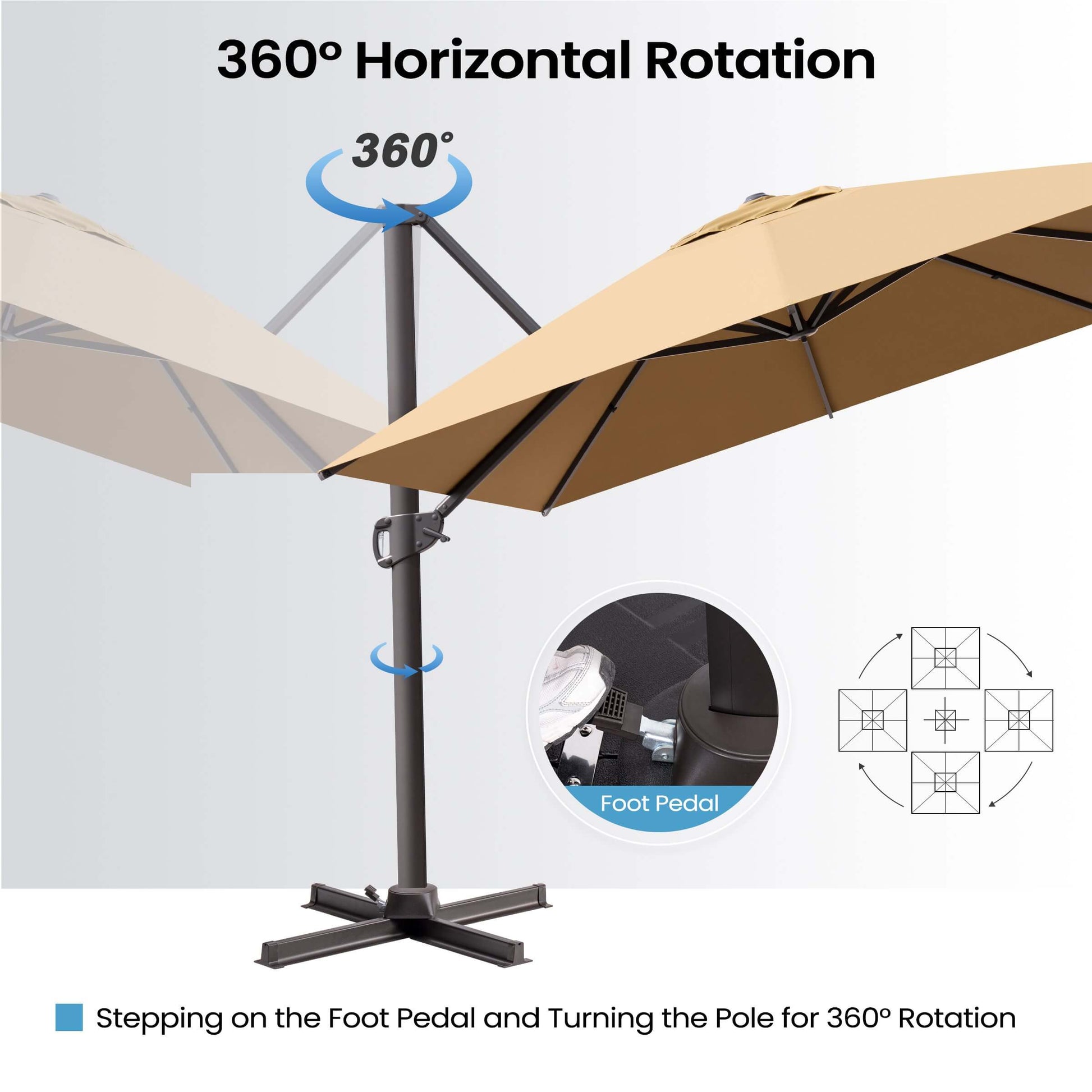 Tan square cantilever patio umbrella demonstrating full 360-degree rotation via a foot pedal on the steel cross base.