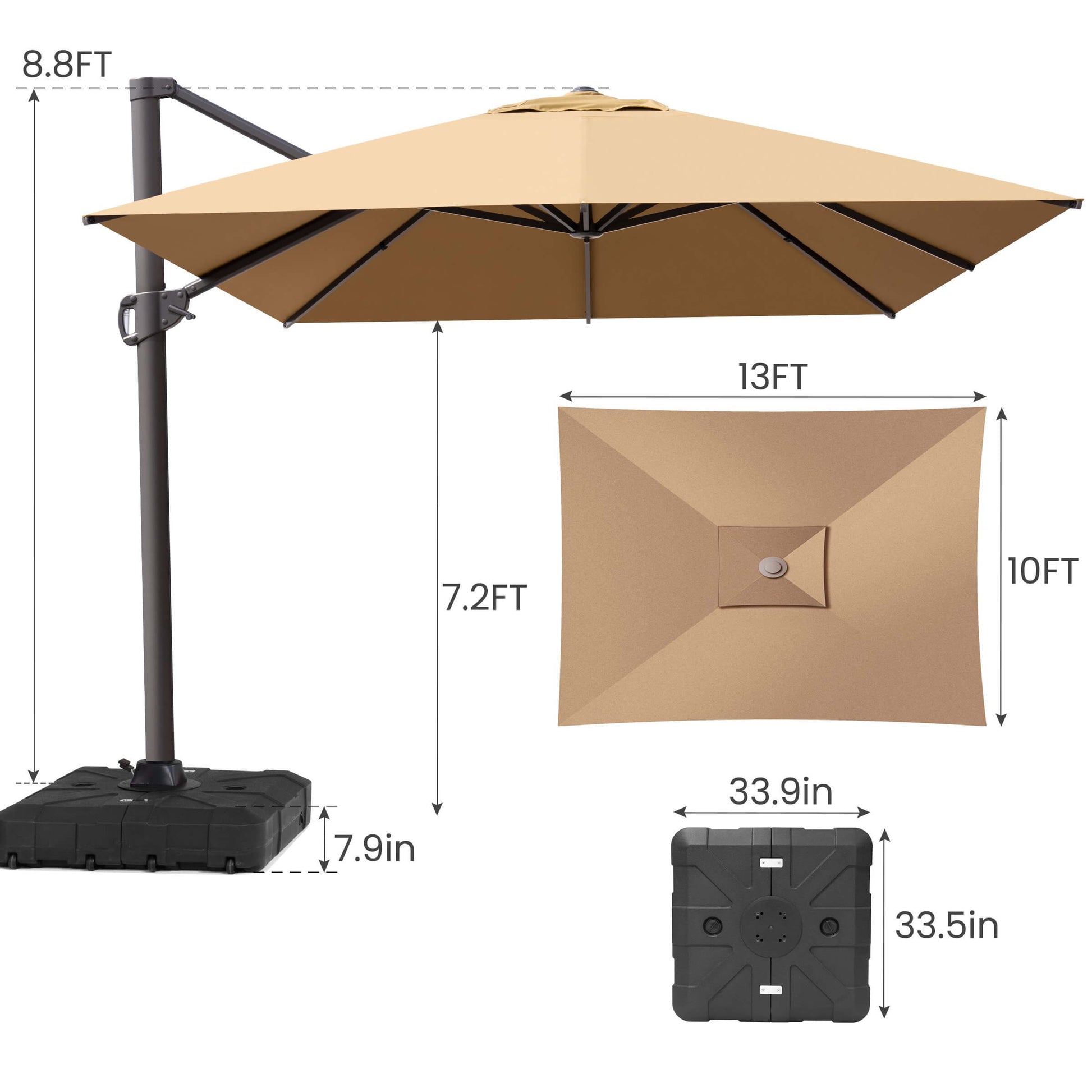 Product dimensions of a 10x13 FT tan single-top cantilever patio umbrella showing height and wheeled base.