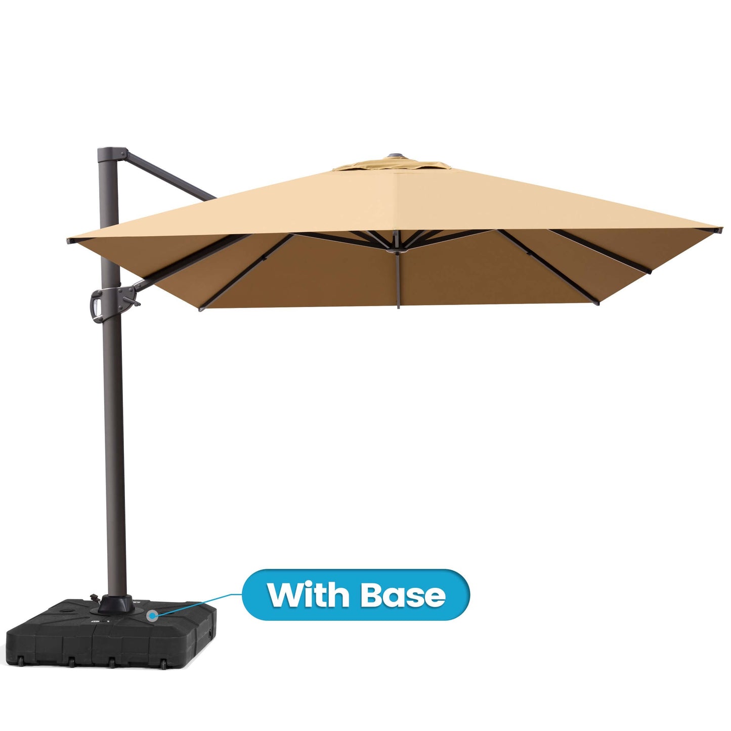 Tan square single-top cantilever patio umbrella featuring an included heavy-duty rolling base with wheels.
