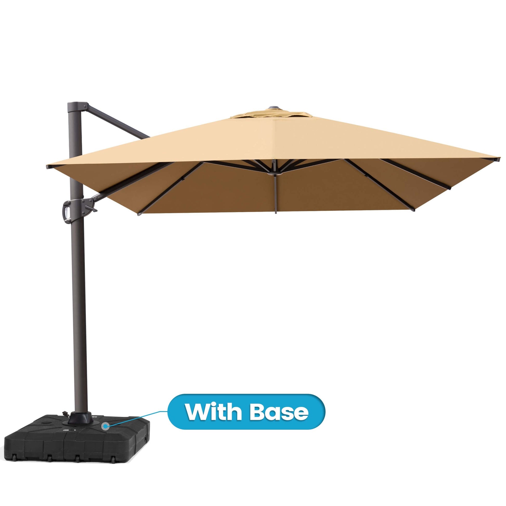 Tan square single-top cantilever patio umbrella featuring an included heavy-duty rolling base with wheels.