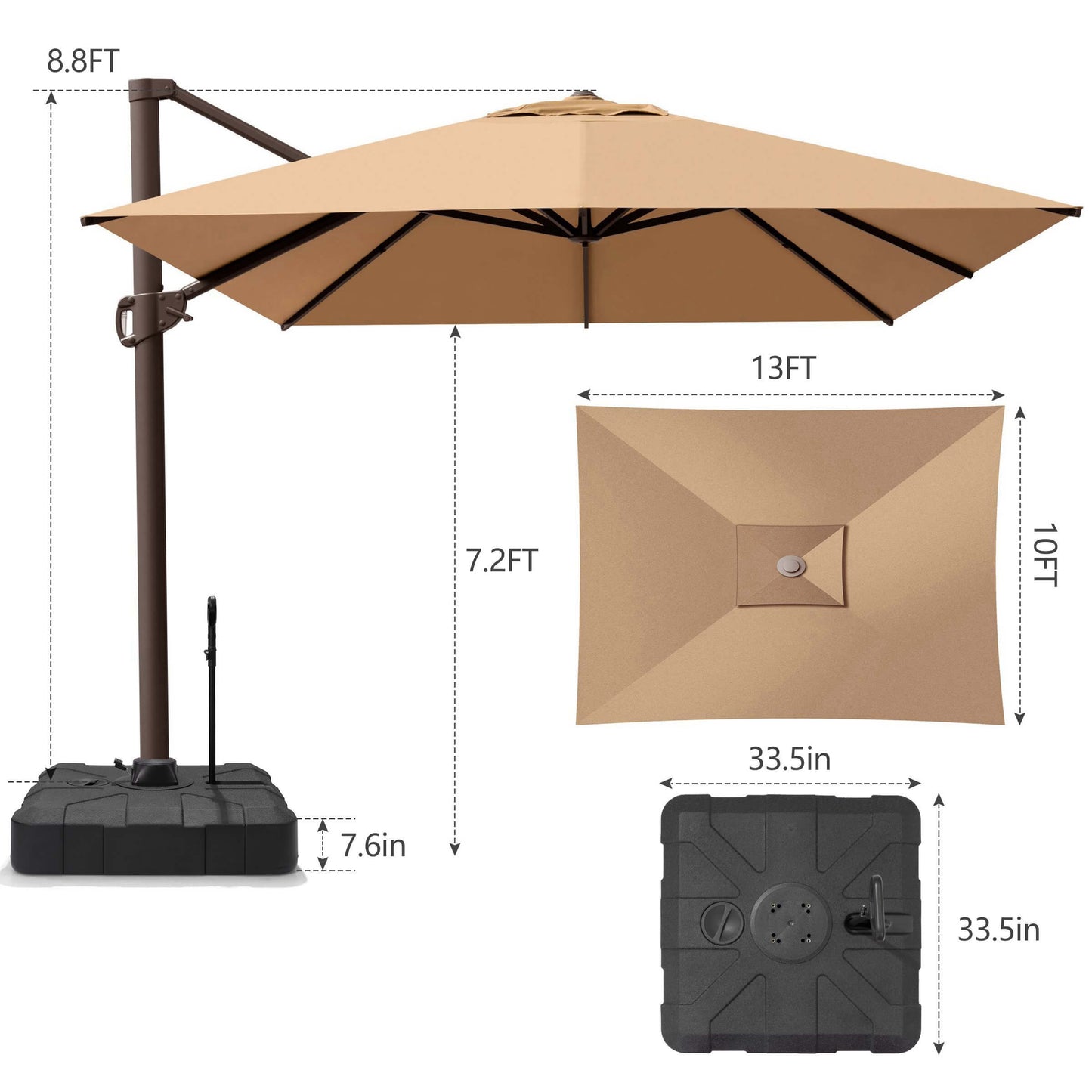 Dimensions of 10x13 FT tan single-top cantilever patio umbrella, showing height and rolling base with pull rod.