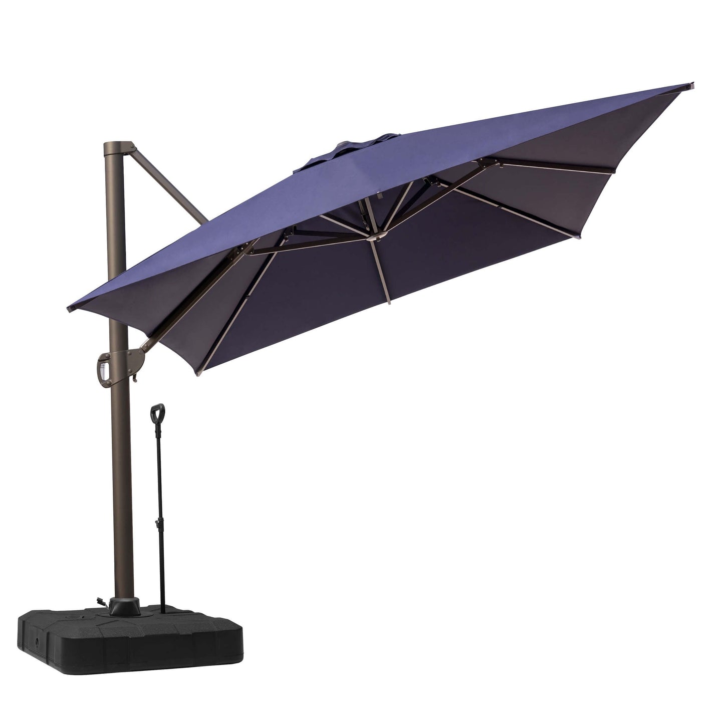 Tilted navy blue cantilever patio umbrella with dark metal frame, black wheeled base, and pull rod on white.