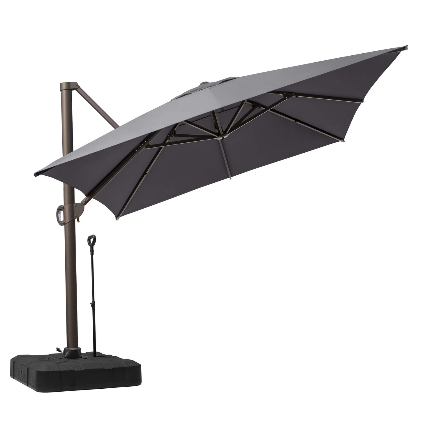 An open grey cantilever patio umbrella with a tilted canopy, dark metal frame, and a black wheeled mobile base, on a white background.