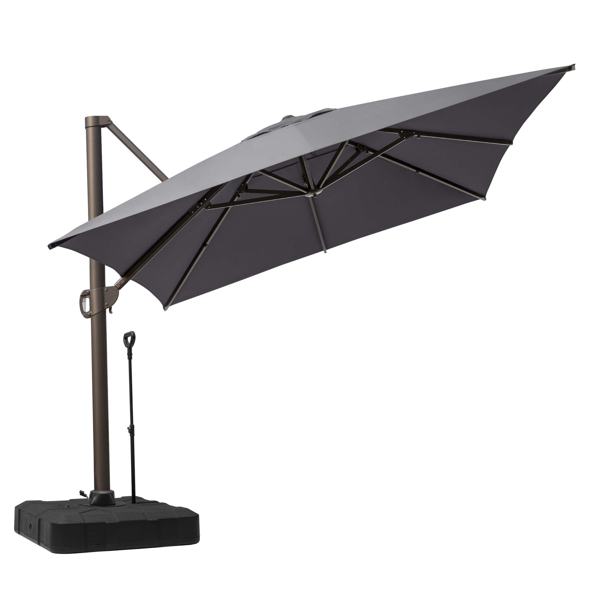 An open grey cantilever patio umbrella with a tilted canopy, dark metal frame, and a black wheeled mobile base, on a white background.