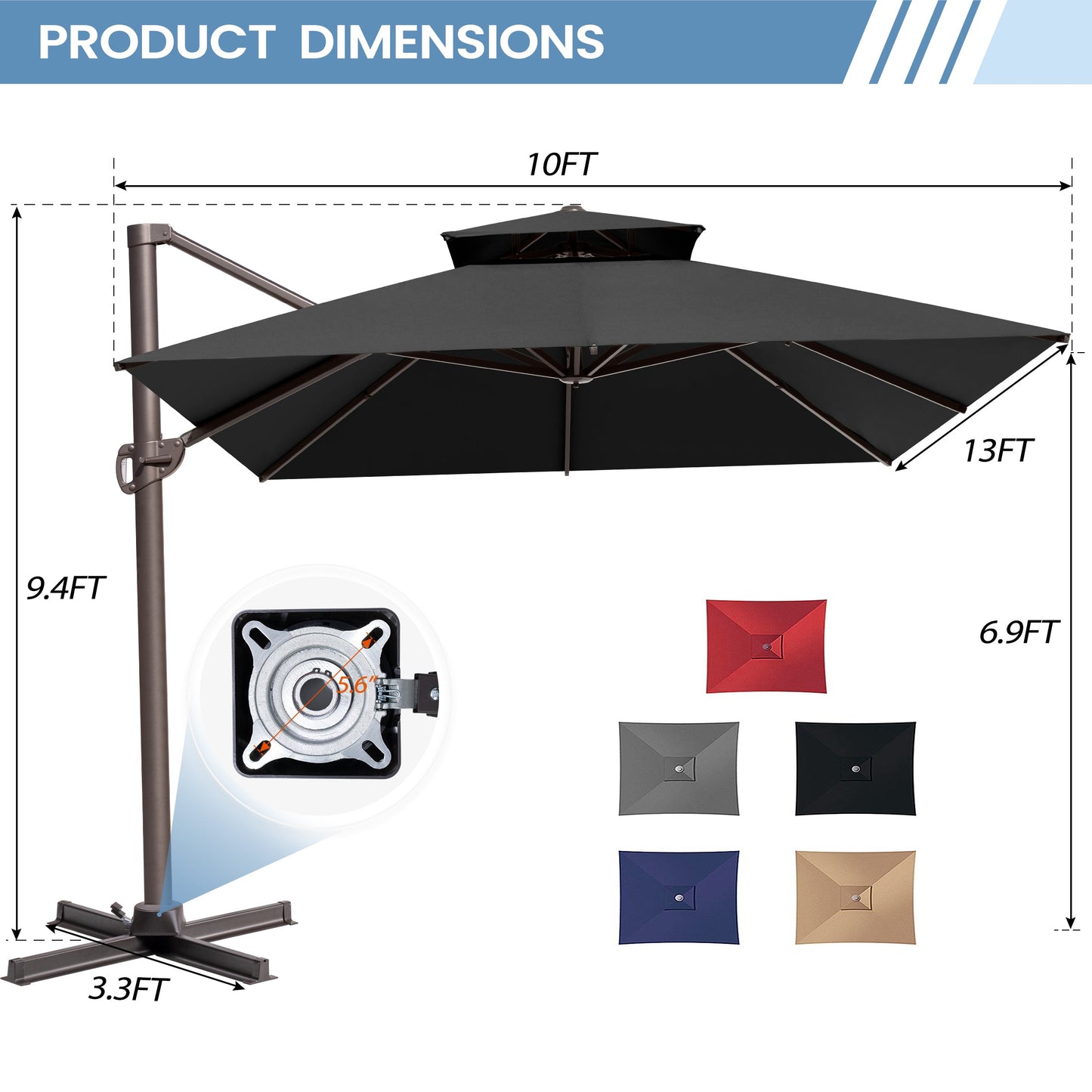 13x10 ft Aluminum Cantilever Patio Umbrella with Double Top (Base Options)